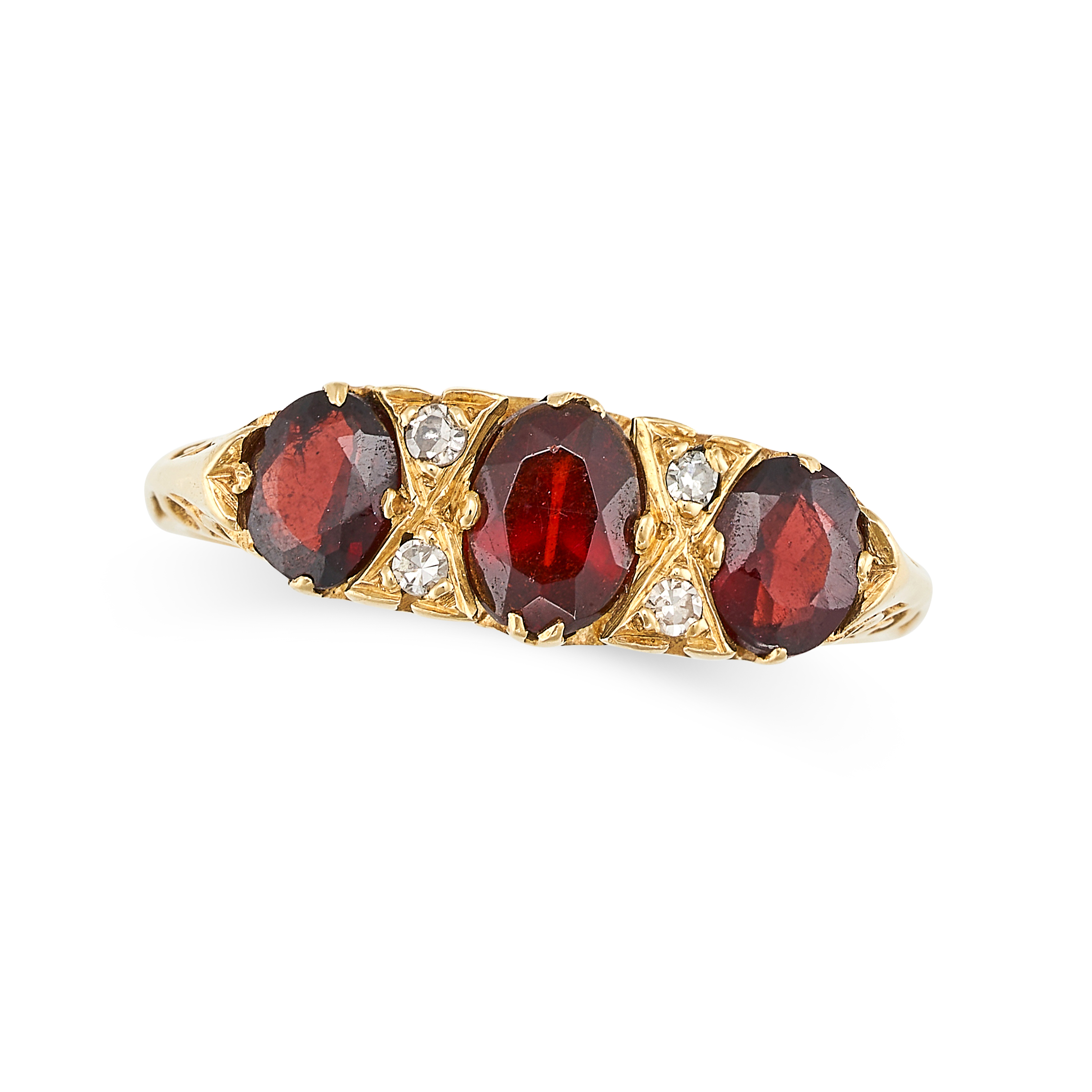 A VINTAGE GARNET AND DIAMOND RING in 18ct yellow gold, set with three oval cut garnets punctuated...