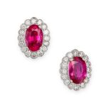A PAIR OF RUBY AND DIAMOND CLUSTER STUD EARRINGS in white gold, each set with an oval cut ruby in...