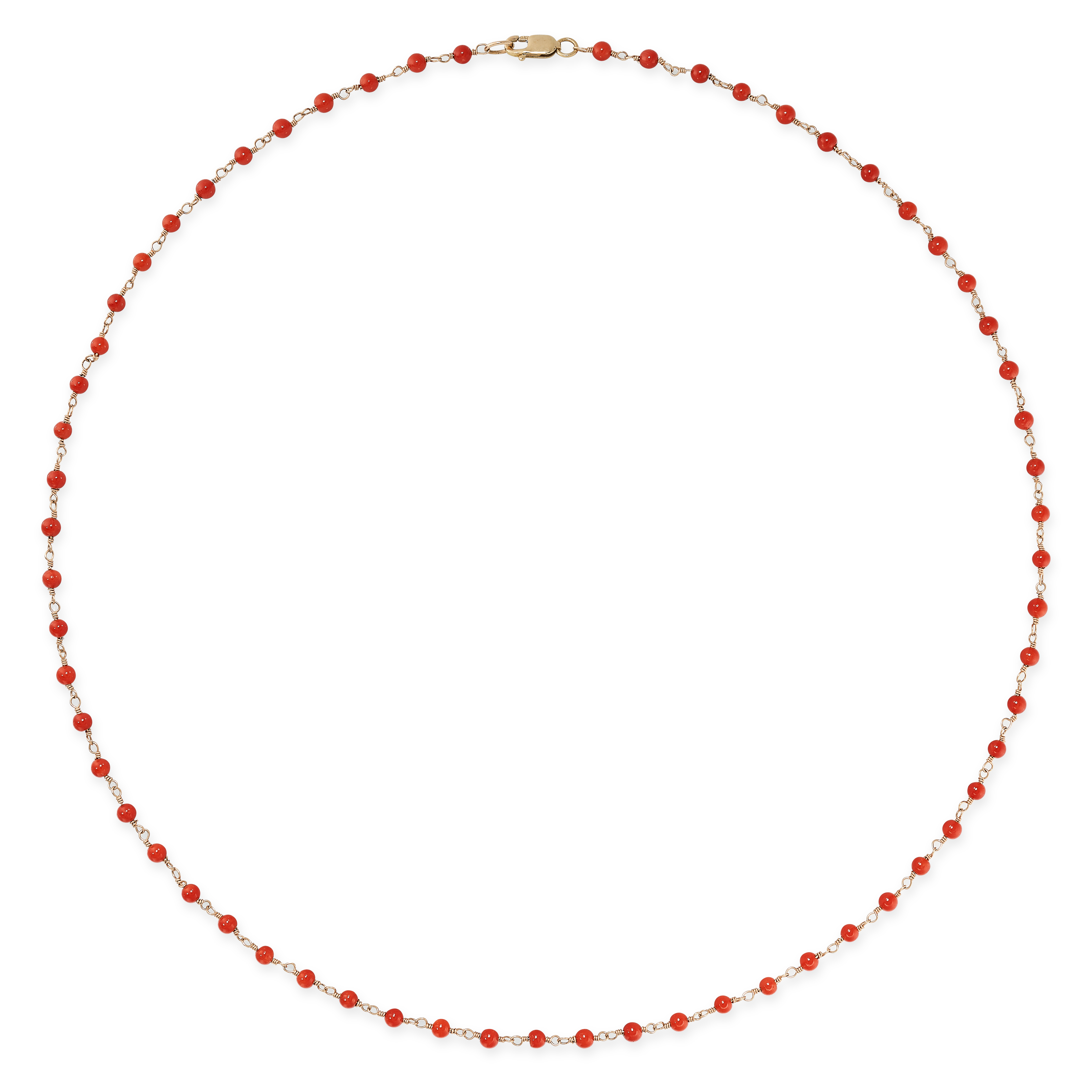 A CORAL CHAIN NECKLACE in 14ct yellow gold, comprising a row of coral beads to yellow gold wire, ...