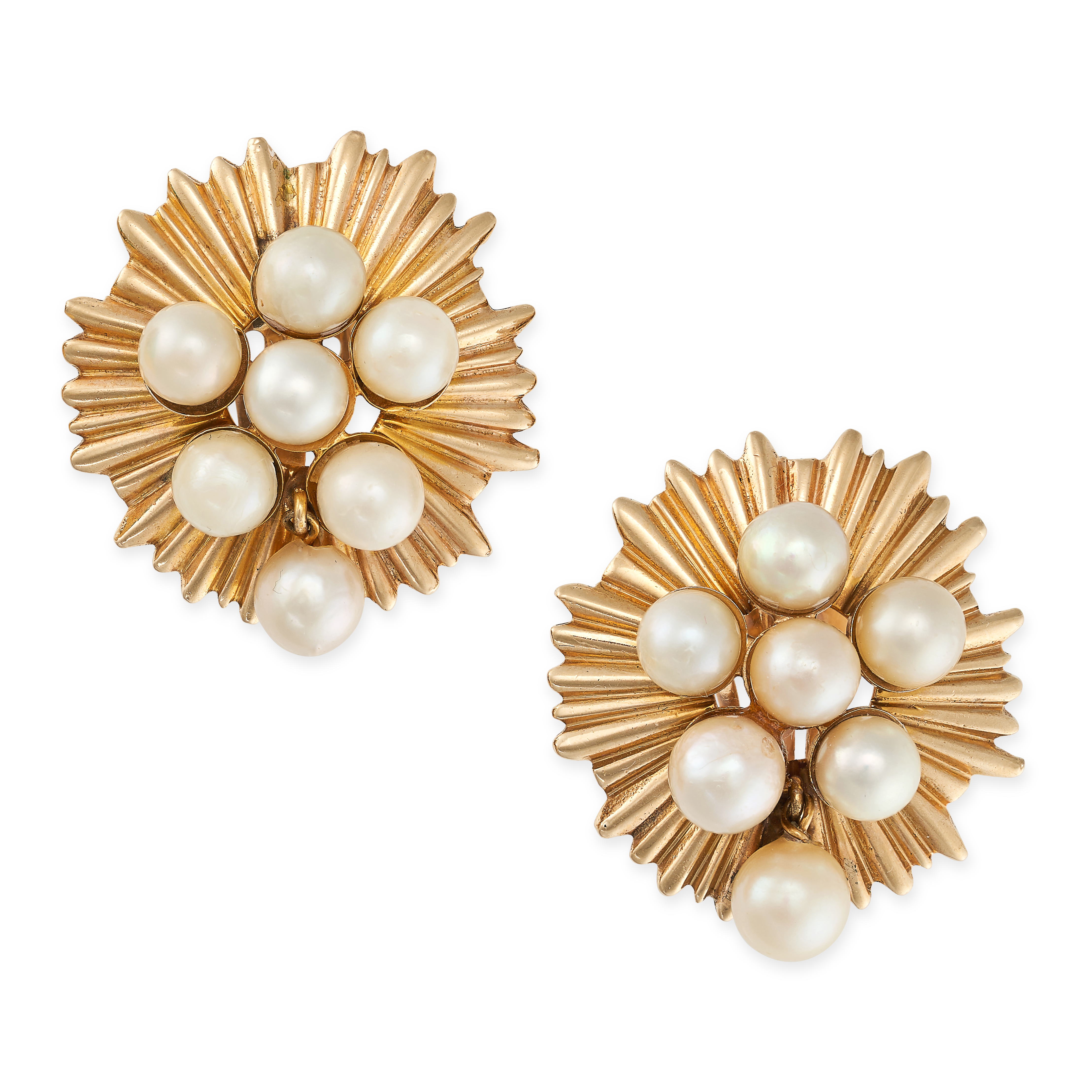 A PAIR OF VINTAGE PEARL CLIP EARRINGS in 14ct yellow gold, each set with a cluster of cultured ov...