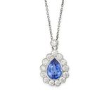 A SAPPHIRE AND DIAMOND PENDANT NECKLACE in white gold, set with a pear cut sapphire of approximat...