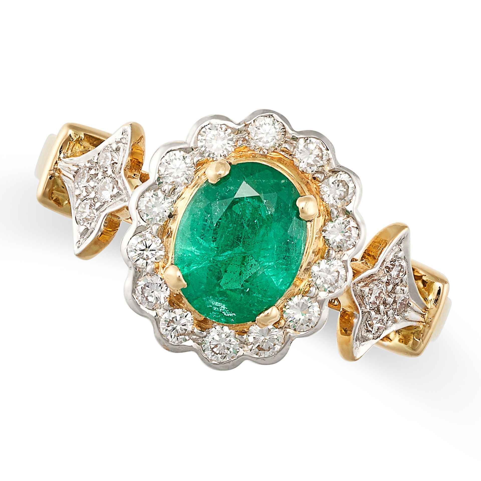 AN EMERALD AND DIAMOND CLUSTER RING in 18ct yellow gold, set with an oval cut emerald of approxim...