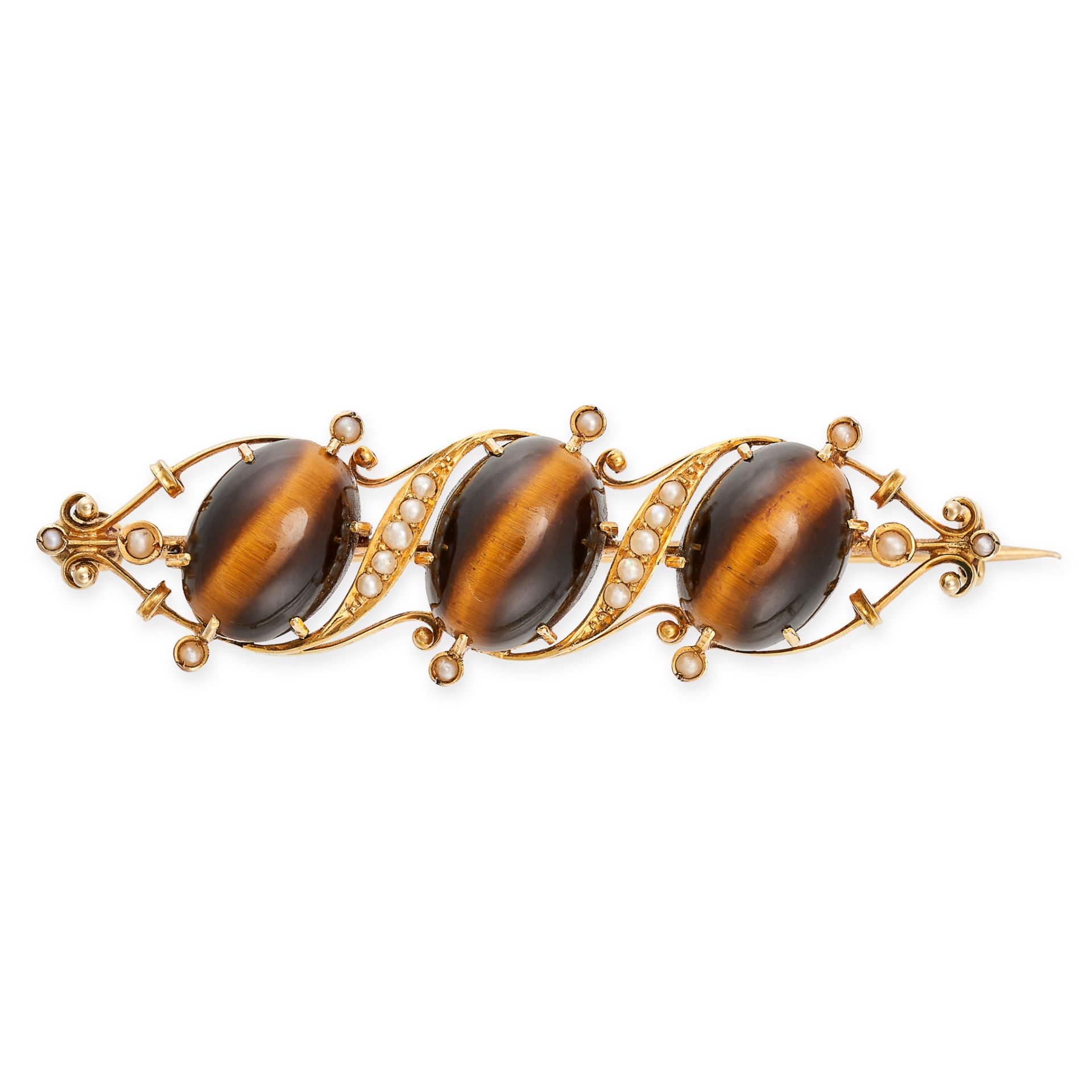 AN ANTIQUE TIGER'S EYE AND SEED PEARL BROOCH in 15ct yellow gold set with three cabochon cut tige...