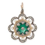 AN ANTIQUE DIAMOND, PEARL AND ENAMEL PENDANT, EARLY 20TH CENTURY in yellow gold and silver, the c...