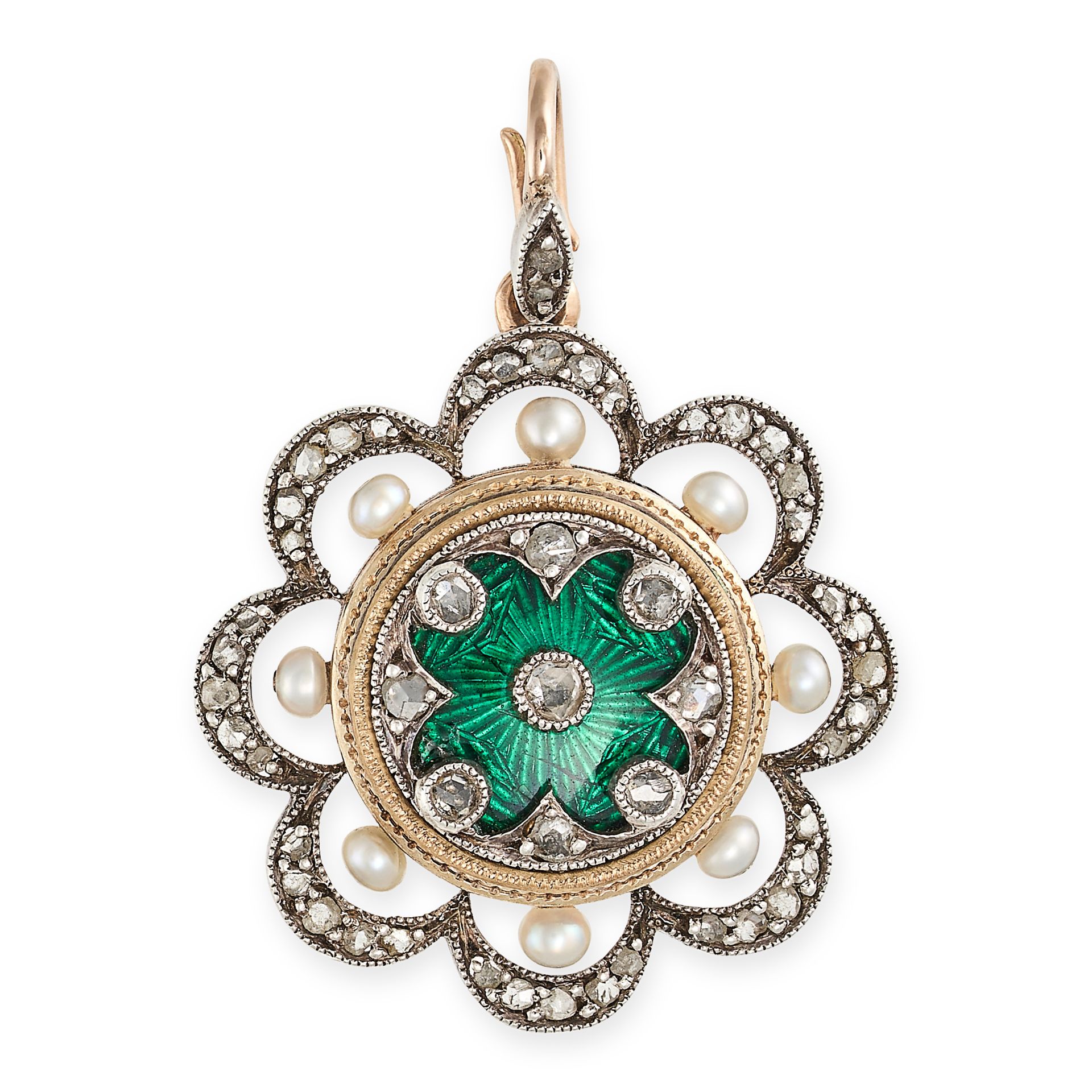 AN ANTIQUE DIAMOND, PEARL AND ENAMEL PENDANT, EARLY 20TH CENTURY in yellow gold and silver, the c...