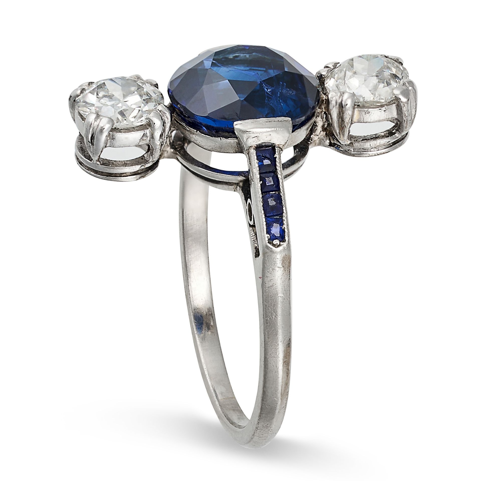 A SAPPHIRE AND DIAMOND DRESS RING set with a round cut sapphire of approximately 2.48 carats betw... - Image 2 of 2