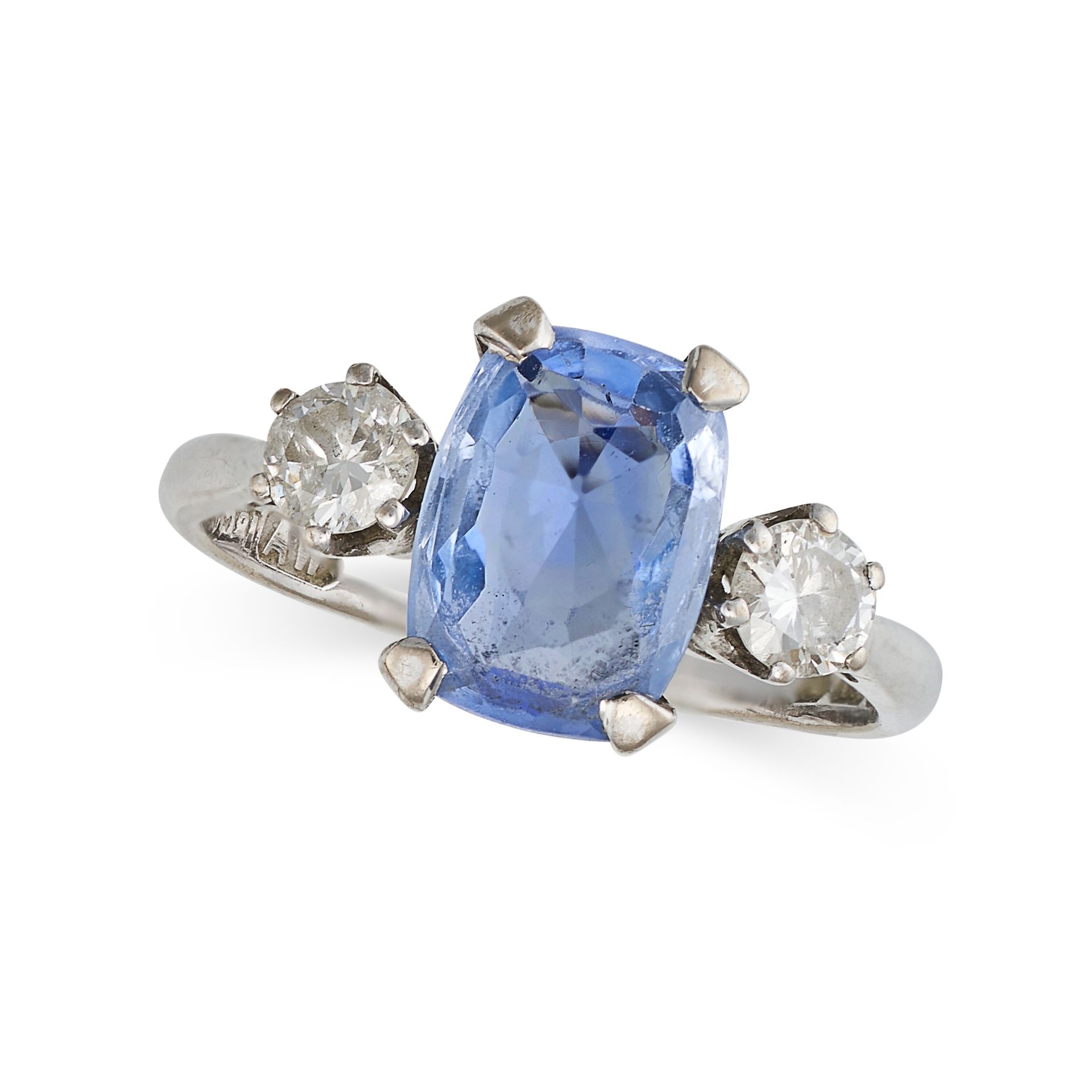 A SAPPHIRE AND DIAMOND THREE STONE RING in 18ct white gold, set with a rectangular cushion cut sa...