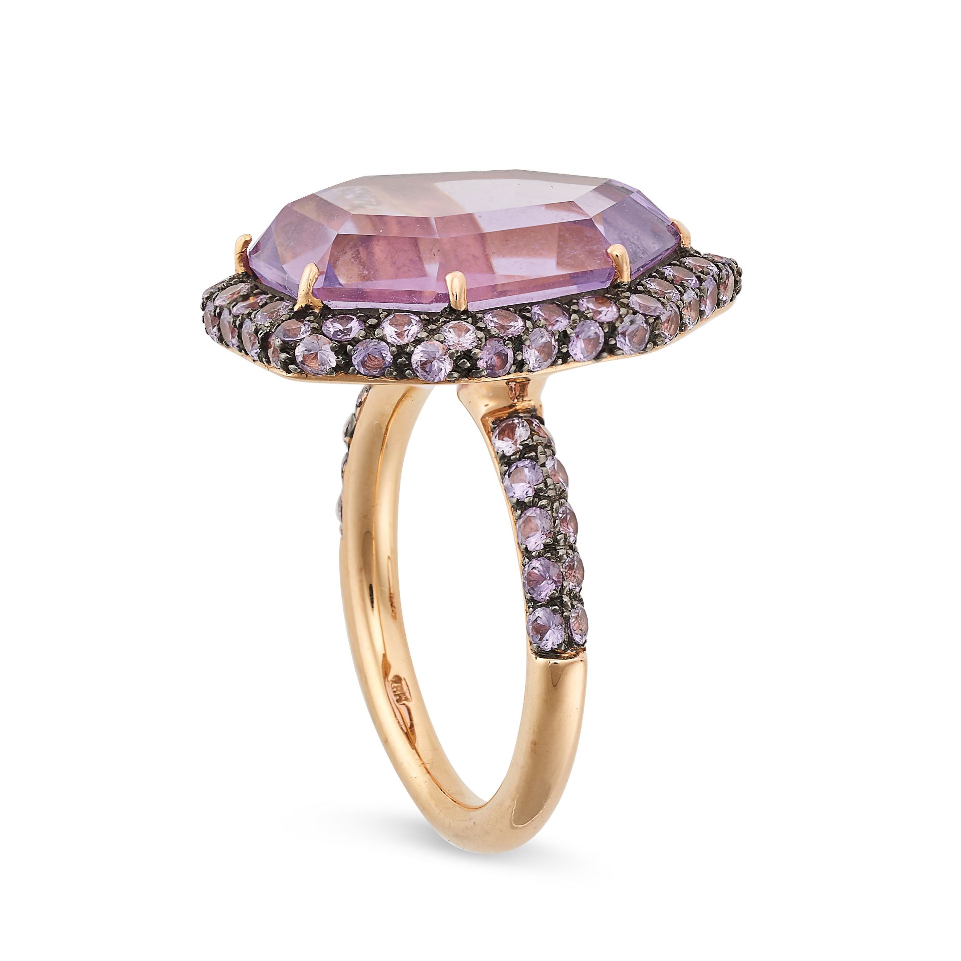 AN AMETHYST DRESS RING in 18ct rose gold, set with a fancy cut amethyst in a border of round cut ... - Image 2 of 2