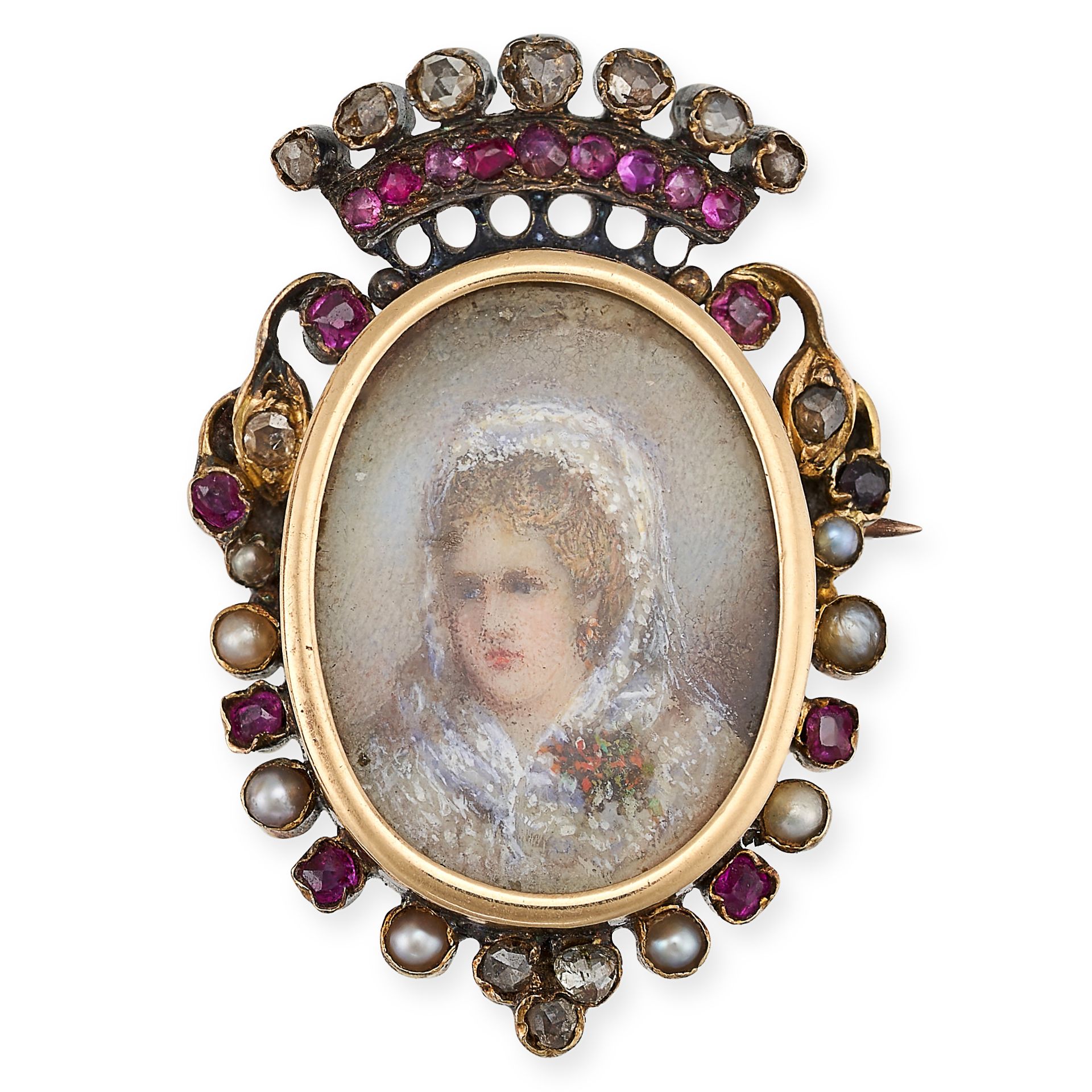 AN ANTIQUE RUBY, DIAMOND AND PEARL PORTRAIT MINIATURE BROOCH, 19TH CENTURY in yellow gold and sil...