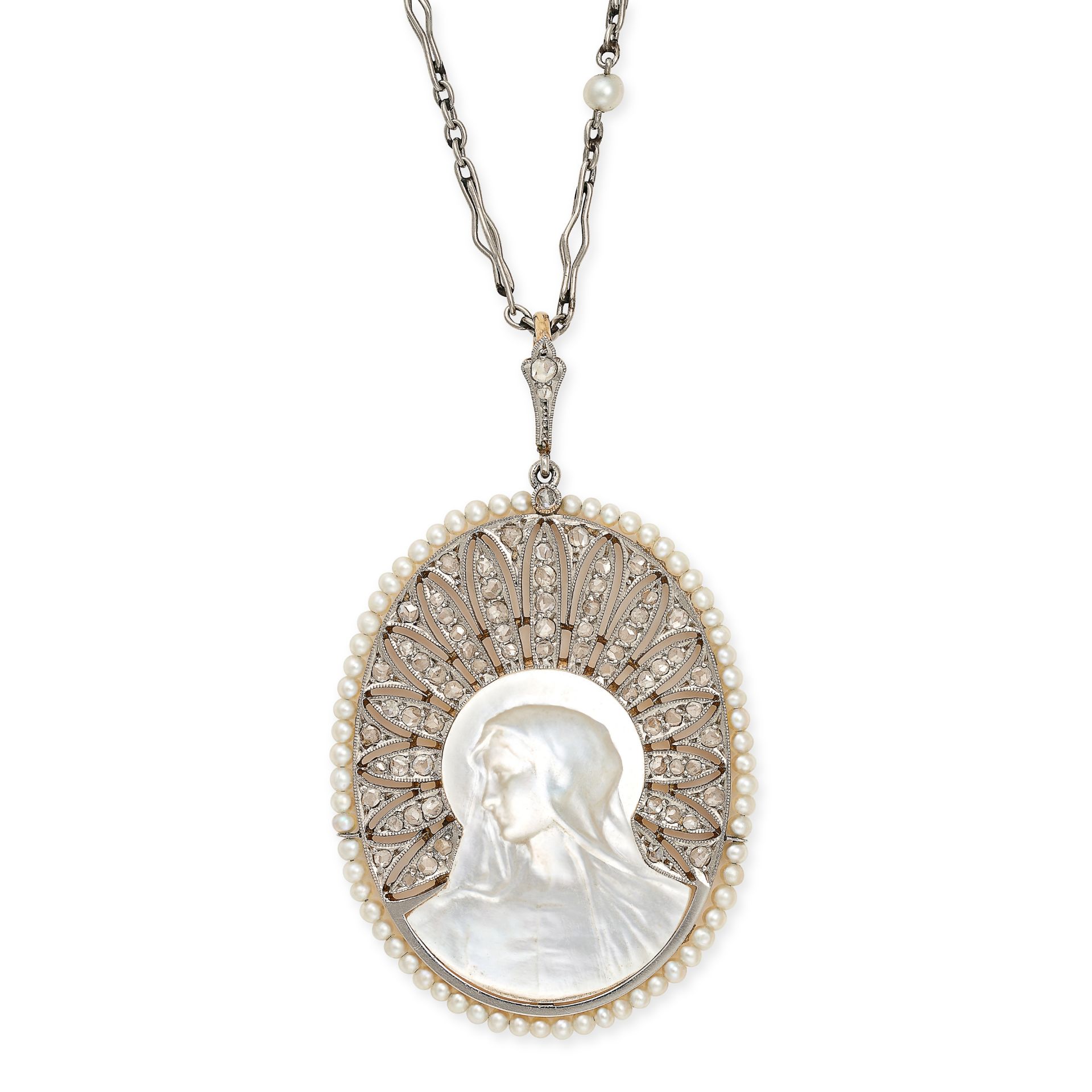 A MOTHER OF PEARL, PEARL AND DIAMOND MADONNA PENDANT NECKLACE set with a central carved mother of...