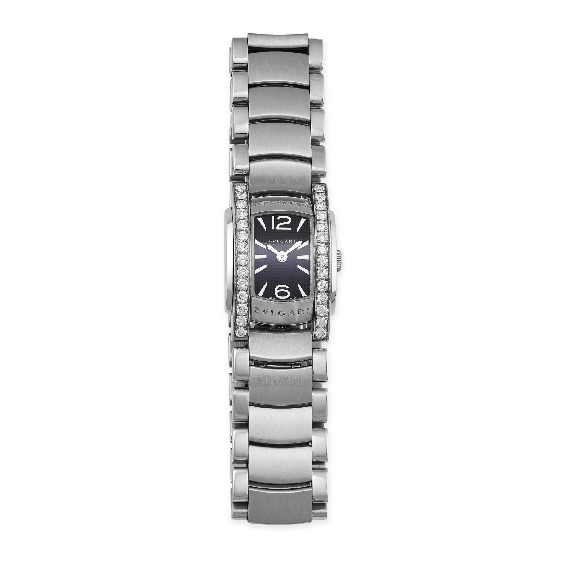 BULGARI, A LADIES ASSIOMA D DIAMOND WRISTWATCH, in stainless steel, black pyramid dial with appli...