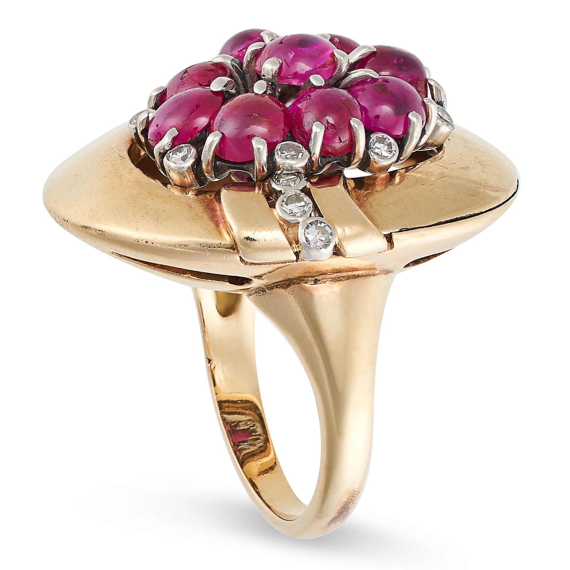 A VINTAGE RUBY AND DIAMOND RING in yellow gold, the oval face set with a cluster of cabochon rubi... - Image 2 of 2