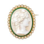 AN ANTIQUE FRENCH PEARL, ENAMEL AND AGATE CAMEO BROOCH, 19TH CENTURY in yellow gold, set with an ...