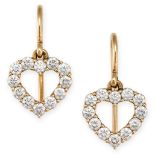 A PAIR OF DIAMOND HEART DROP EARRINGS in yellow gold, each comprising an openwork heart set with ...