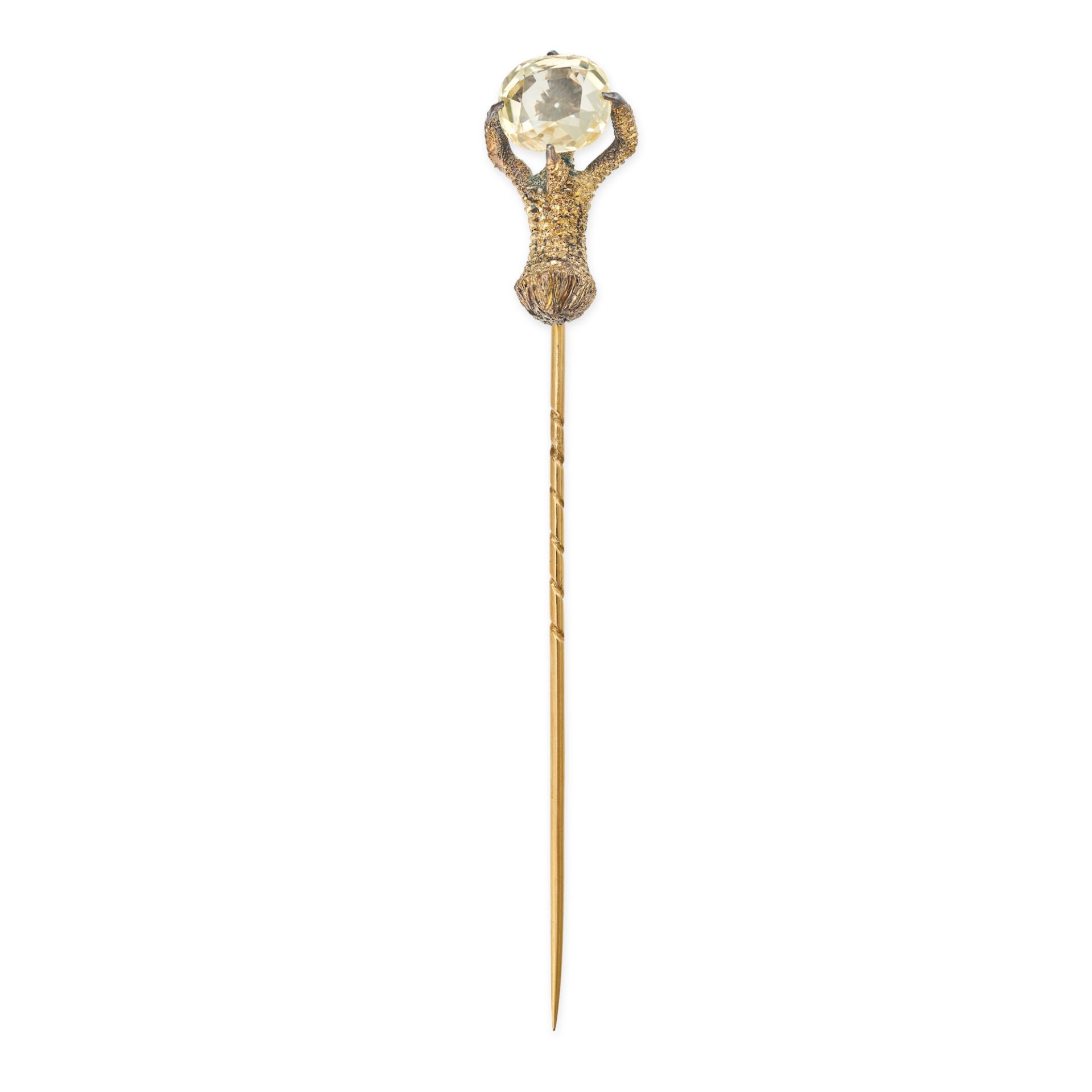 AN ANTIQUE VICTORIAN CEYLON NO HEAT YELLOW SAPPHIRE STICK PIN, 19TH CENTURY in yellow gold, desig...