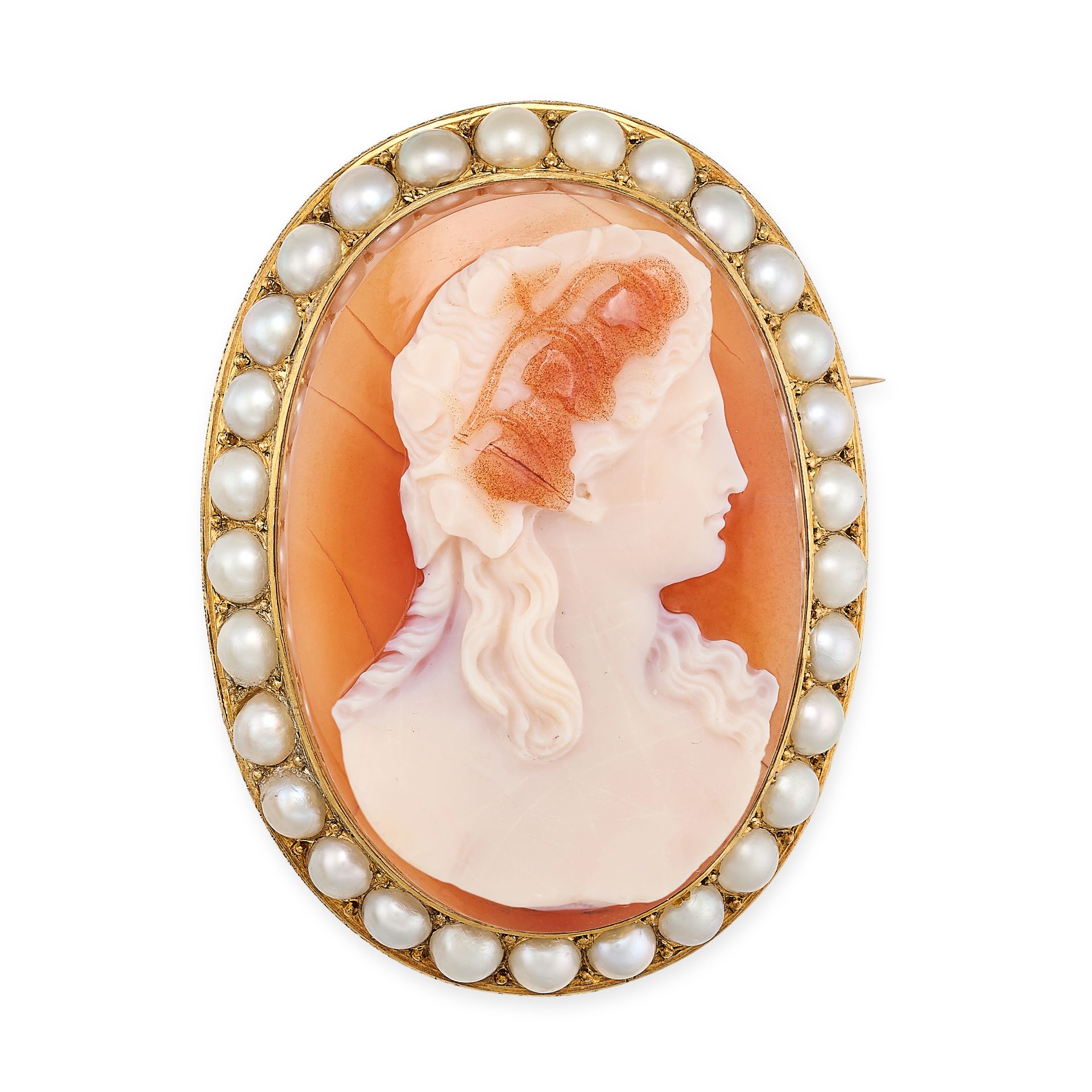 A FRENCH ANTIQUE AGATE AND PEARL CAMEO BROOCH / PENDANT, 19TH CENTURY in 18ct yellow gold, set wi...