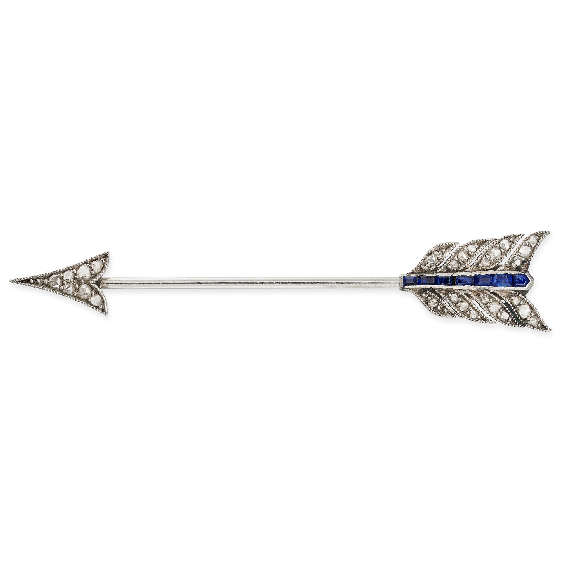 AN ANTIQUE ART DECO SAPPHIRE AND DIAMOND ARROW JABOT PIN the head set with rose cut diamonds, the...