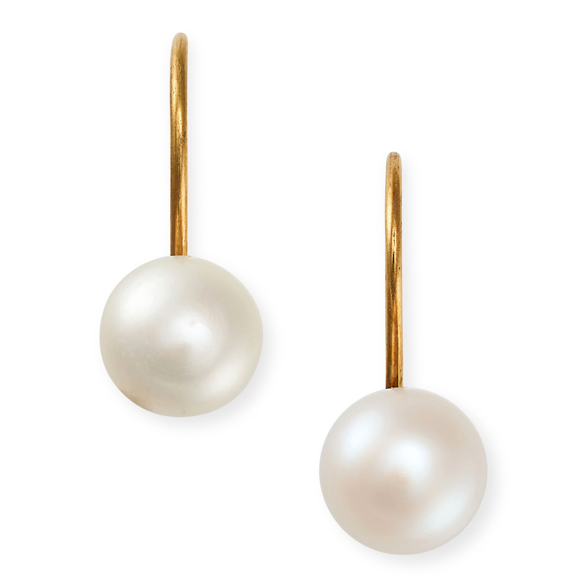 NO RESERVE - A PAIR OF PEARL EARRINGS in yellow gold, each comprising a French wire suspending a ...
