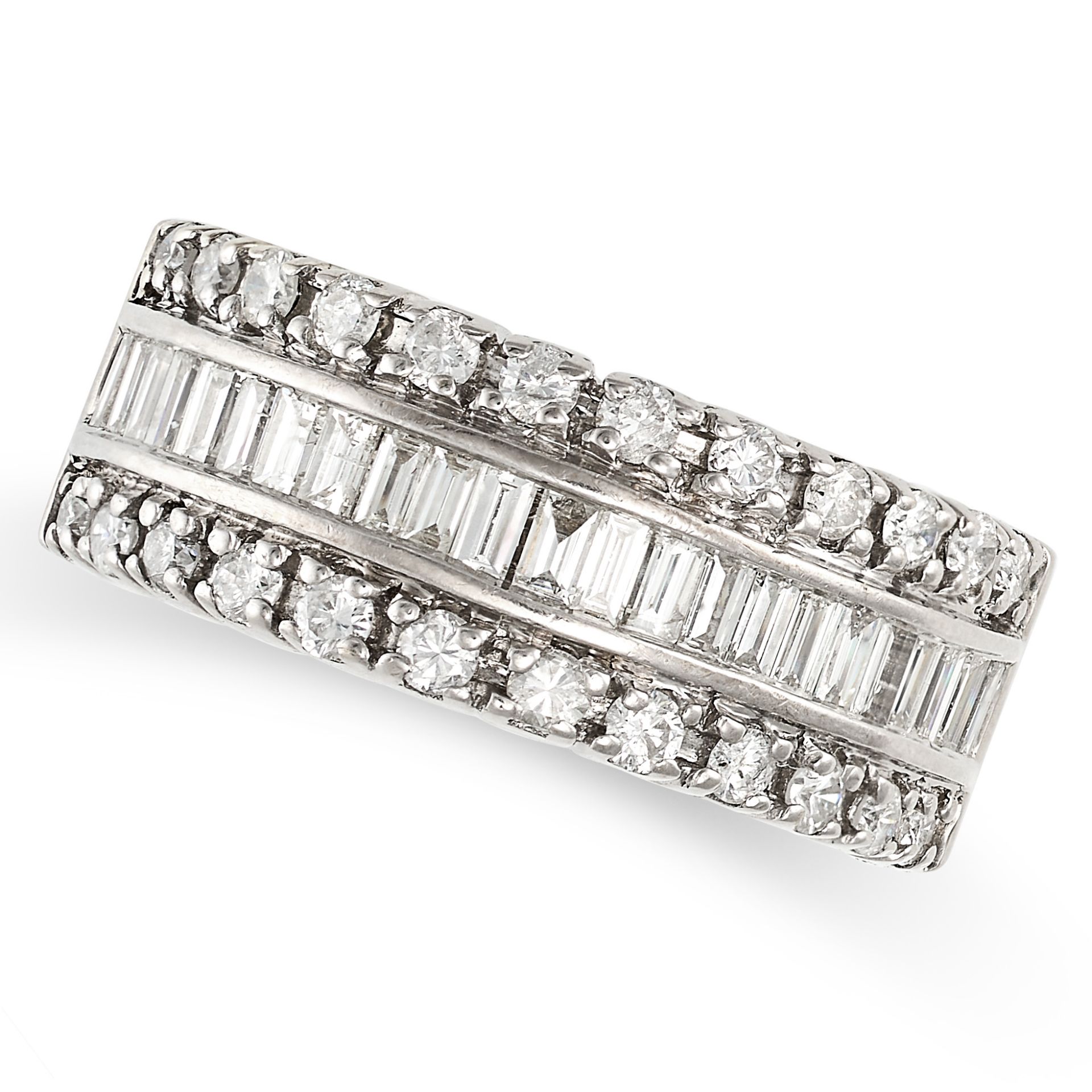 A DIAMOND HALF ETERNITY RING in 18ct white gold, set with a row of baguette cut diamonds accented...