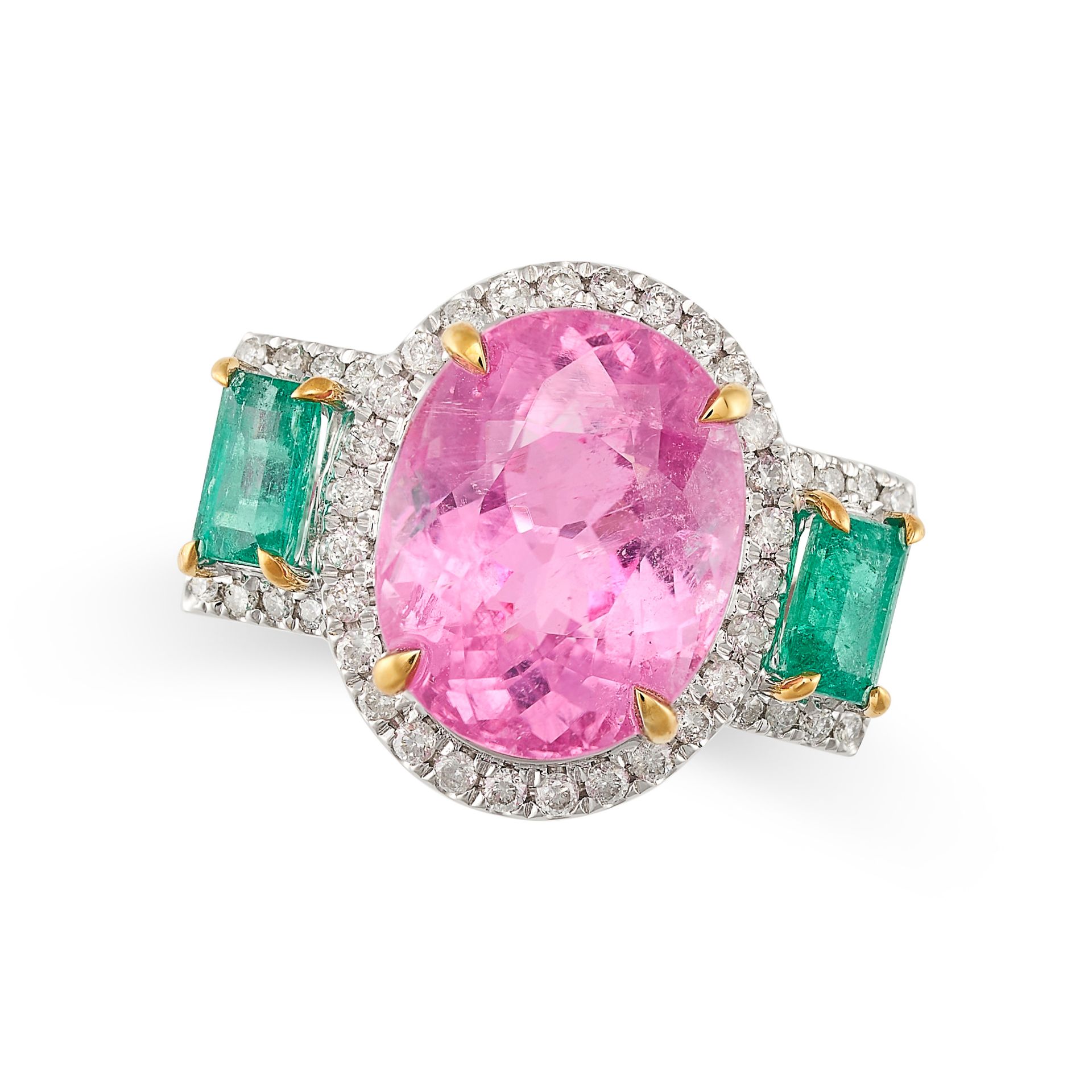 A PINK TOURMALINE, EMERALD AND DIAMOND RING in 18ct white gold, set with an oval cut pink tourmal...