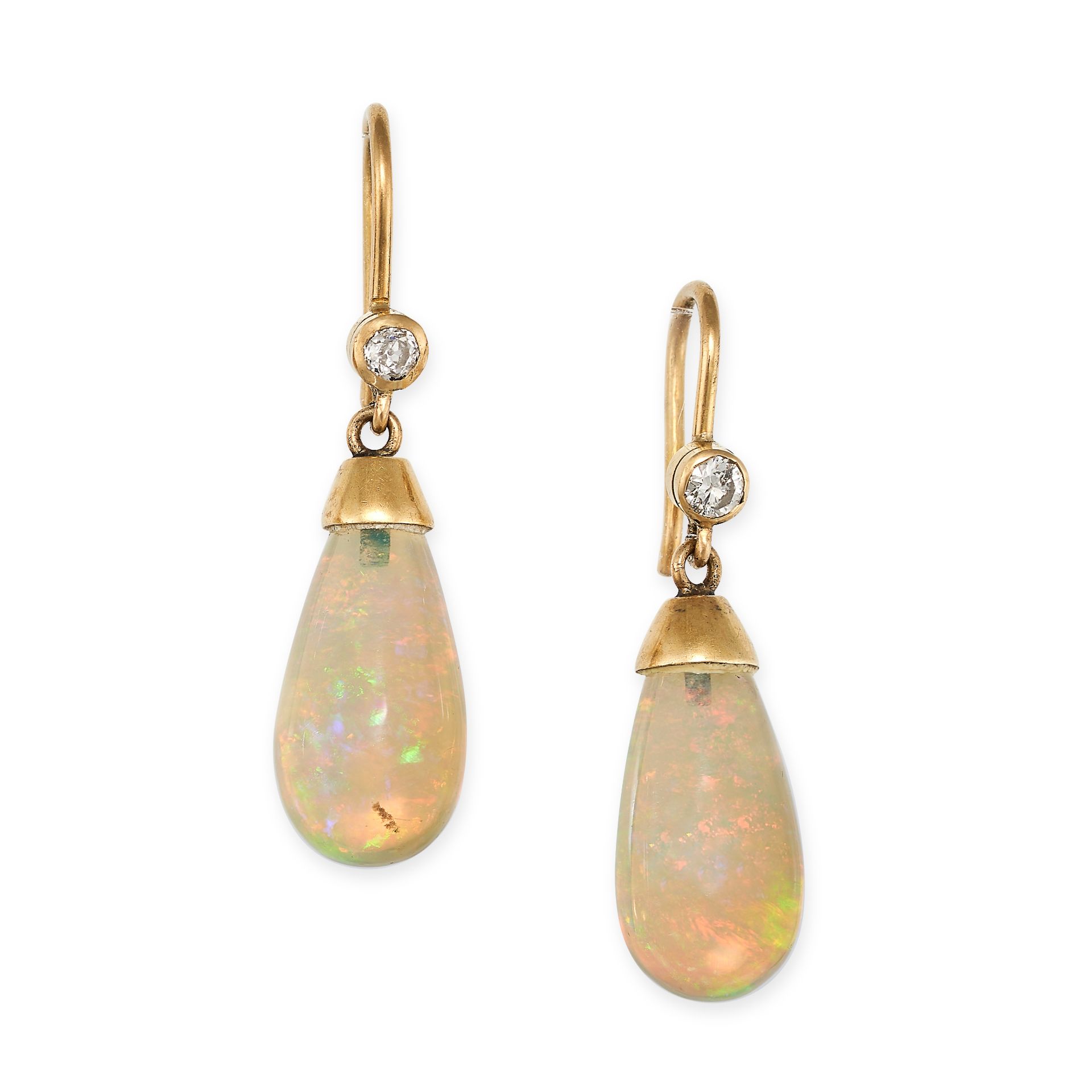 A PAIR OF DIAMOND AND OPAL DROP EARRINGS in yellow gold, each set with a round brilliant cut diam...