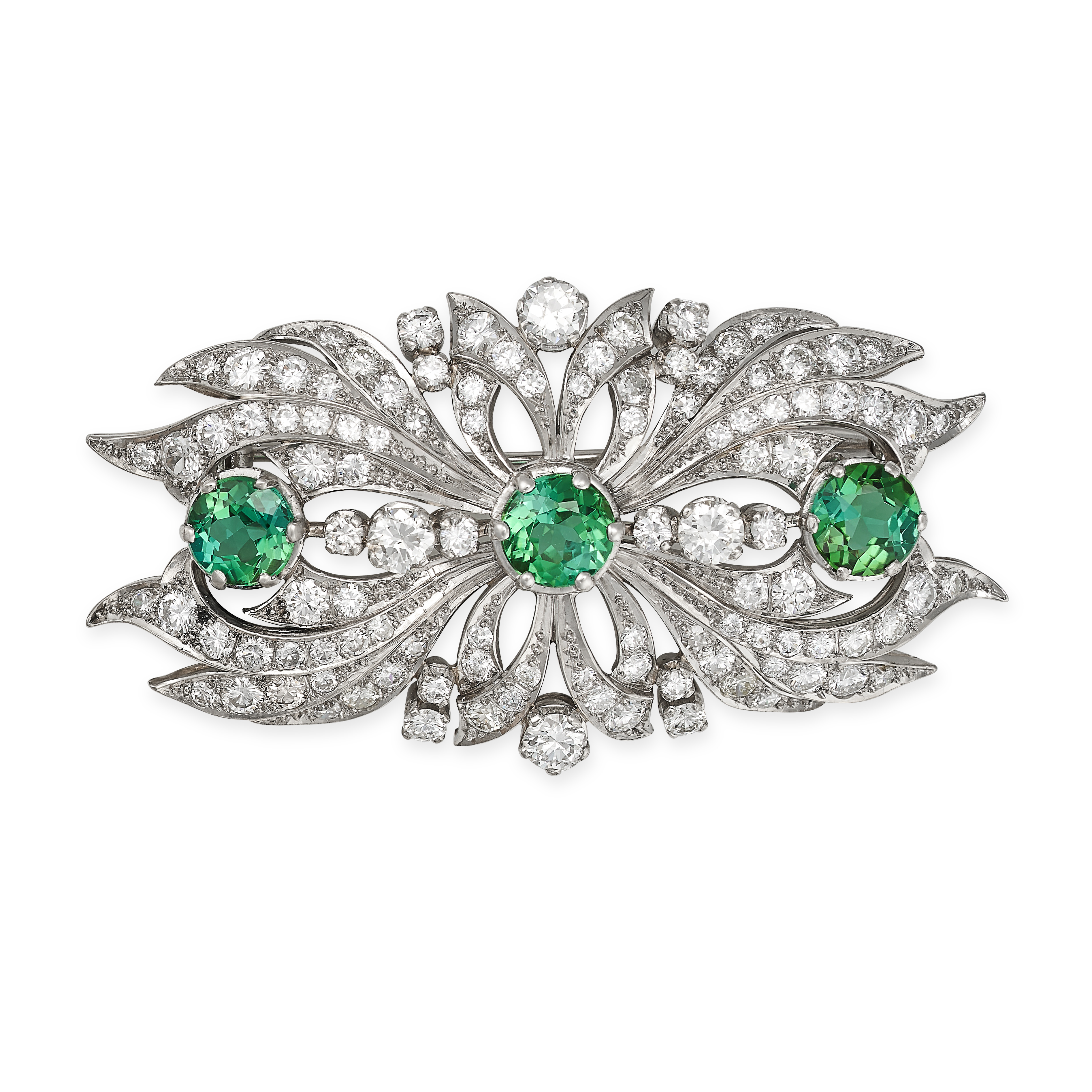 A GREEN TOURMALINE AND DIAMOND BROOCH in 18ct white gold, in foliate design, set with three round...