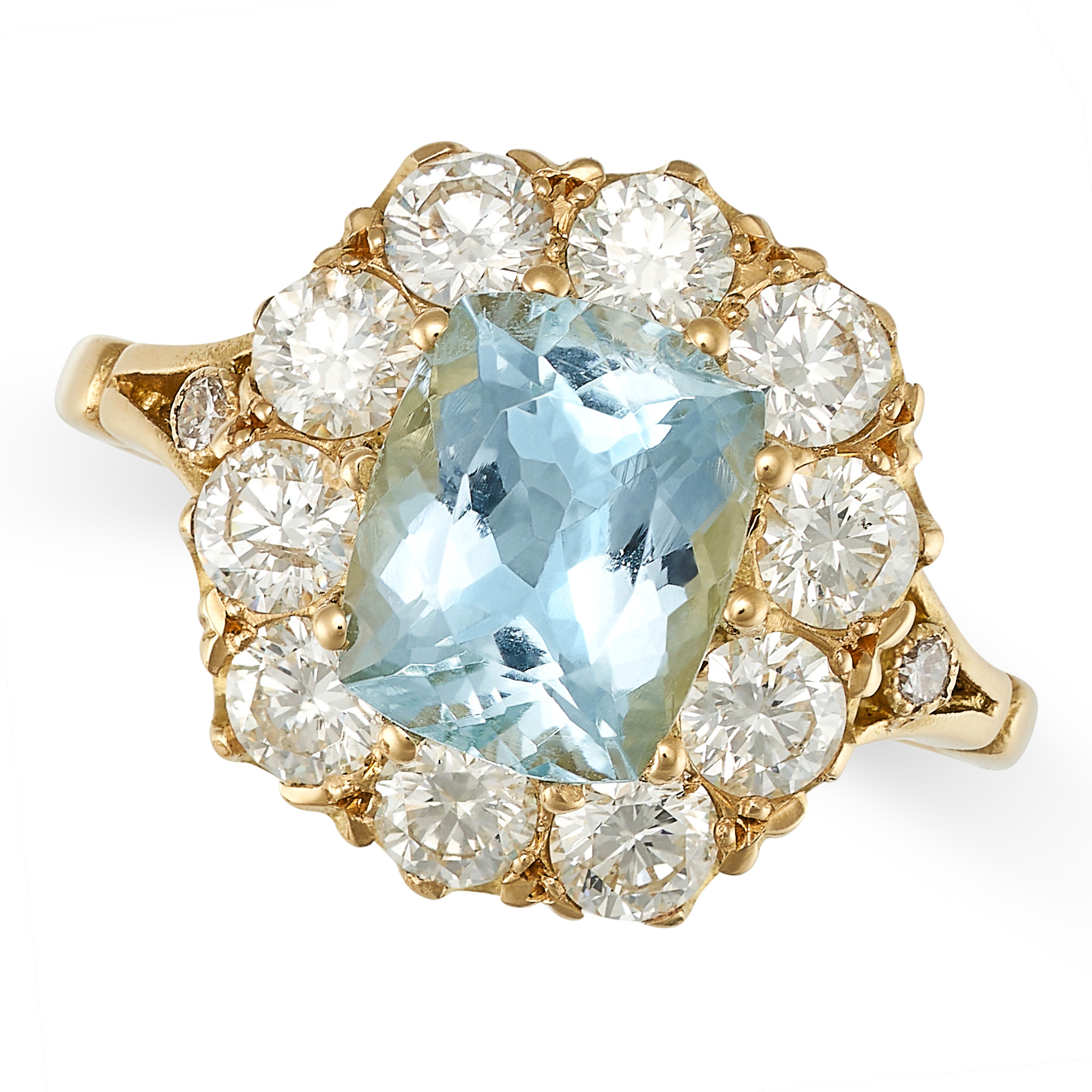 AN AQUAMARINE AND DIAMOND CLUSTER RING in 18ct yellow gold, set with a cushion cut aquamarine of ...