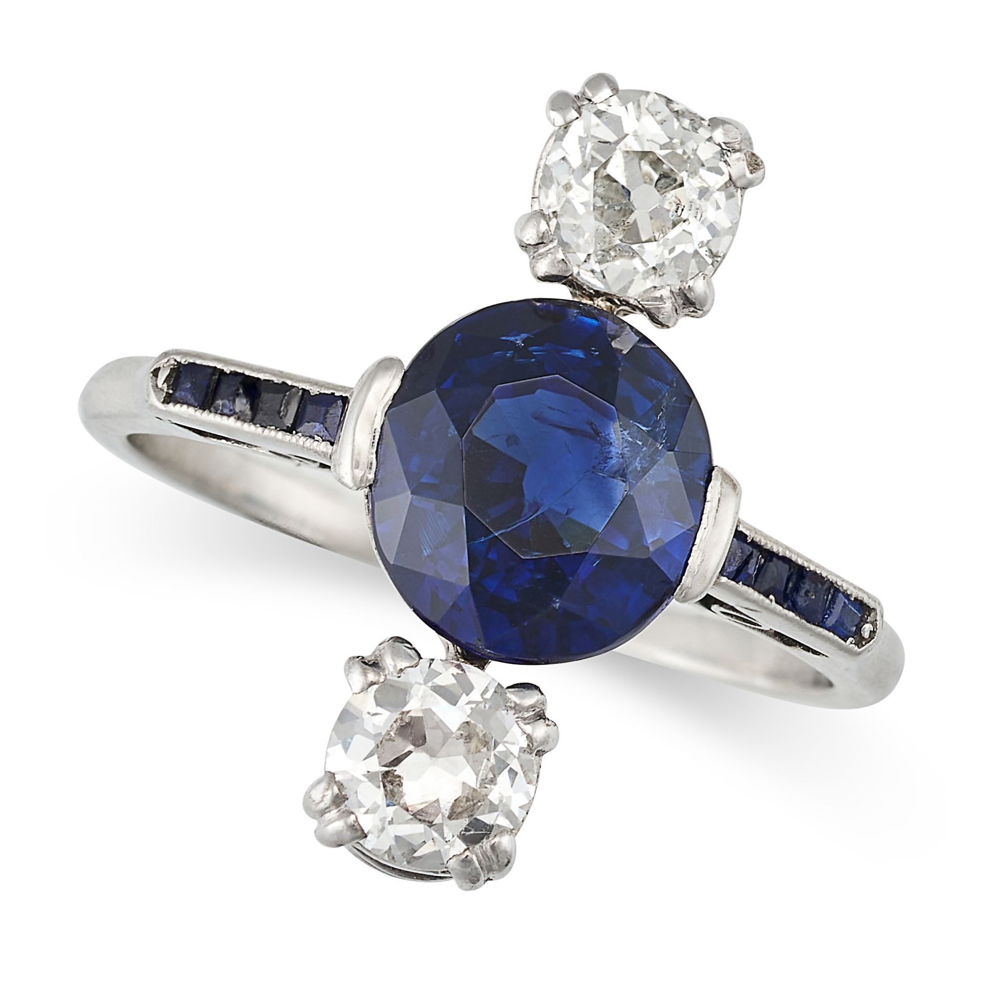 A SAPPHIRE AND DIAMOND DRESS RING set with a round cut sapphire of approximately 2.48 carats betw...