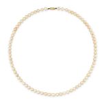 A PEARL NECKLACE in 9ct yellow gold, comprising a single row of pearls, stamped 9CT, 42.0cm, 14.8g.