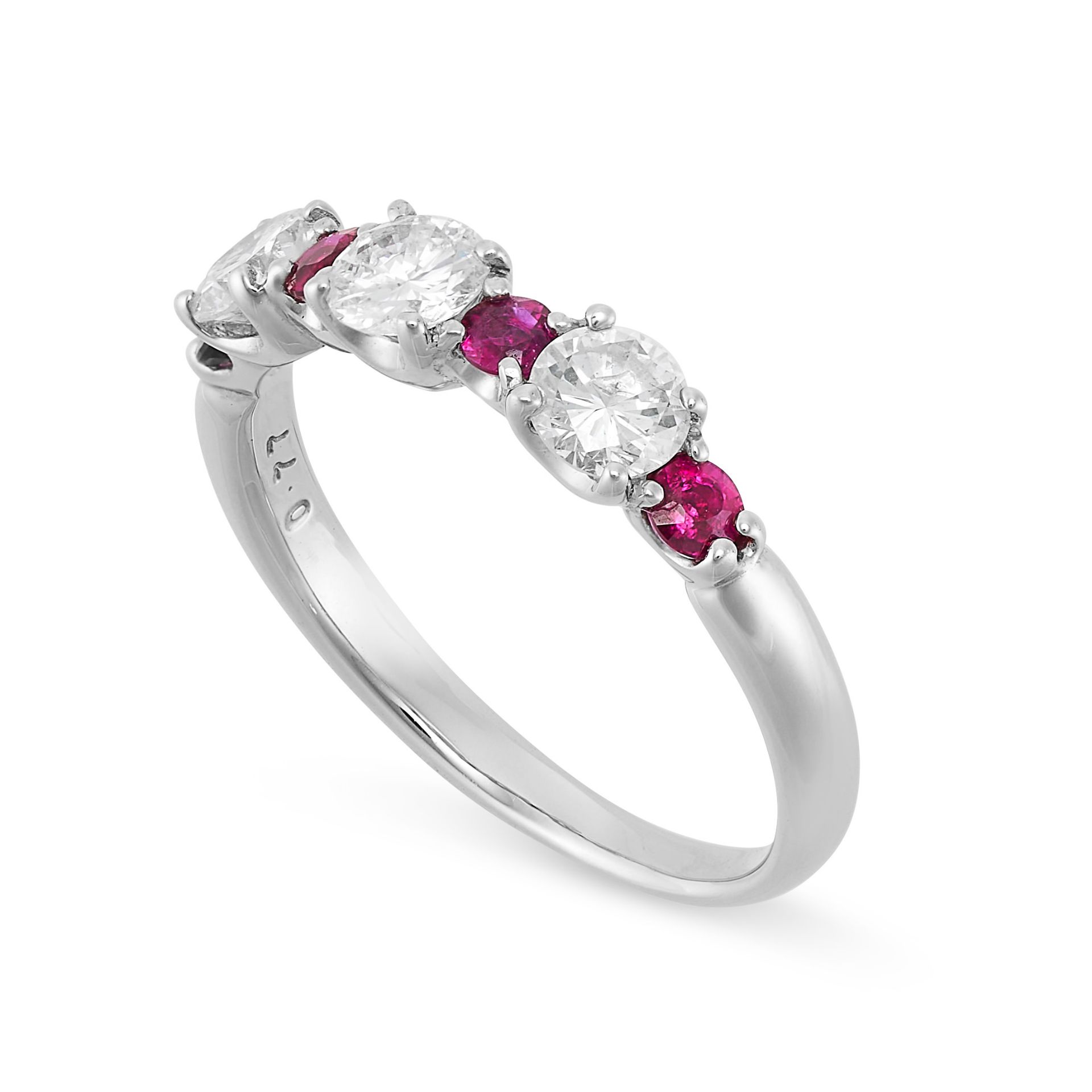 NO RESERVE - A RUBY AND DIAMOND RING in platinum, set with a row of alternating round cut rubies ... - Image 2 of 2