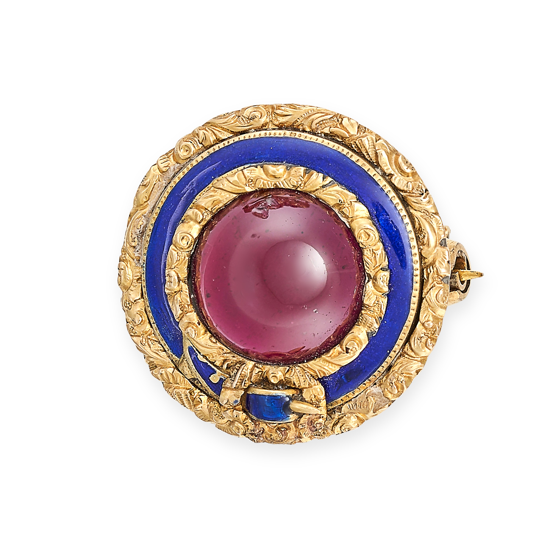 AN ANTIQUE GEORGIAN GARNET AND ENAMEL MOURNING BROOCH, EARLY 19TH CENTURY in yellow gold, set to ...