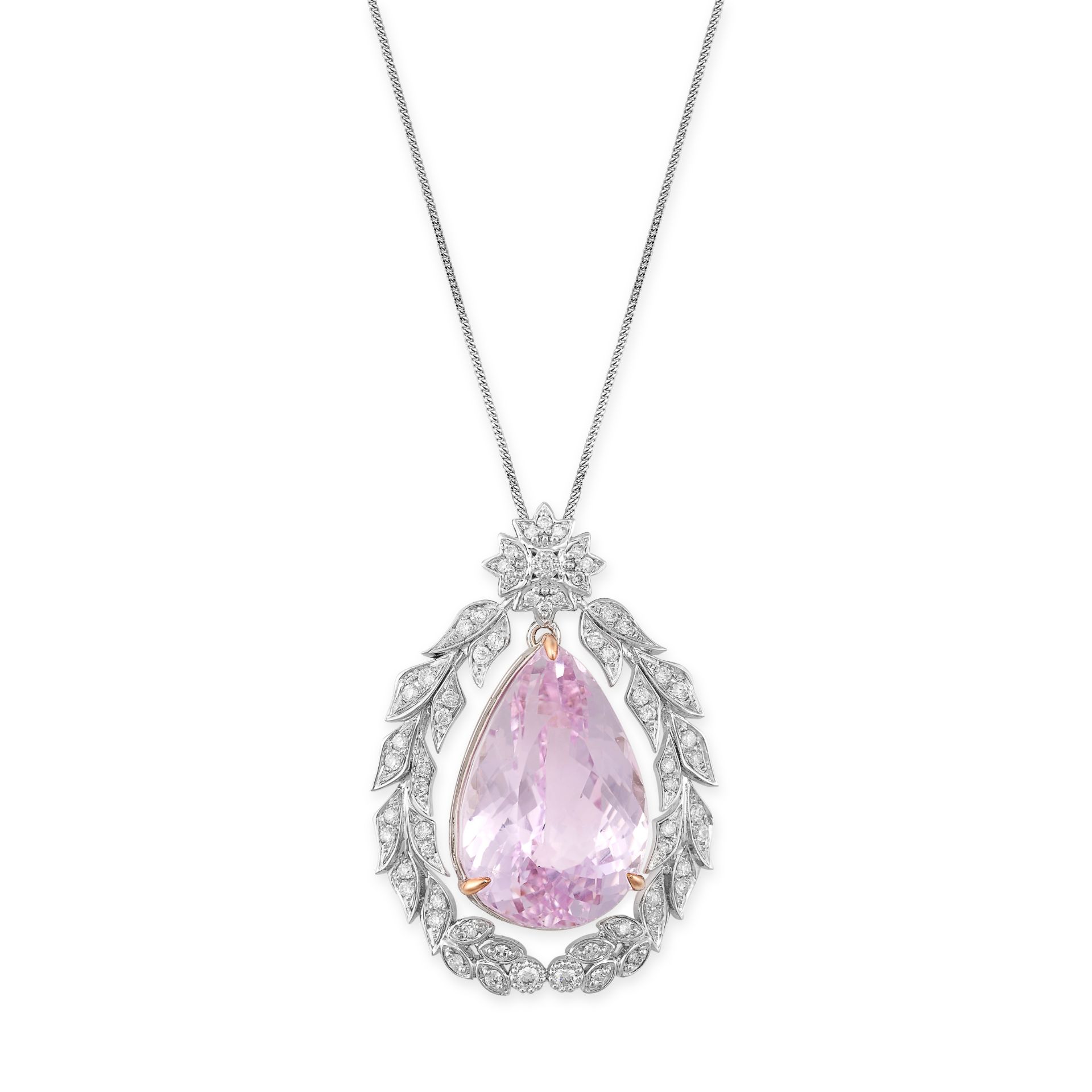 A KUNZITE AND DIAMOND PENDANT NECKLACE in 18ct white gold, comprising a pear cut kunzite of 17.20...