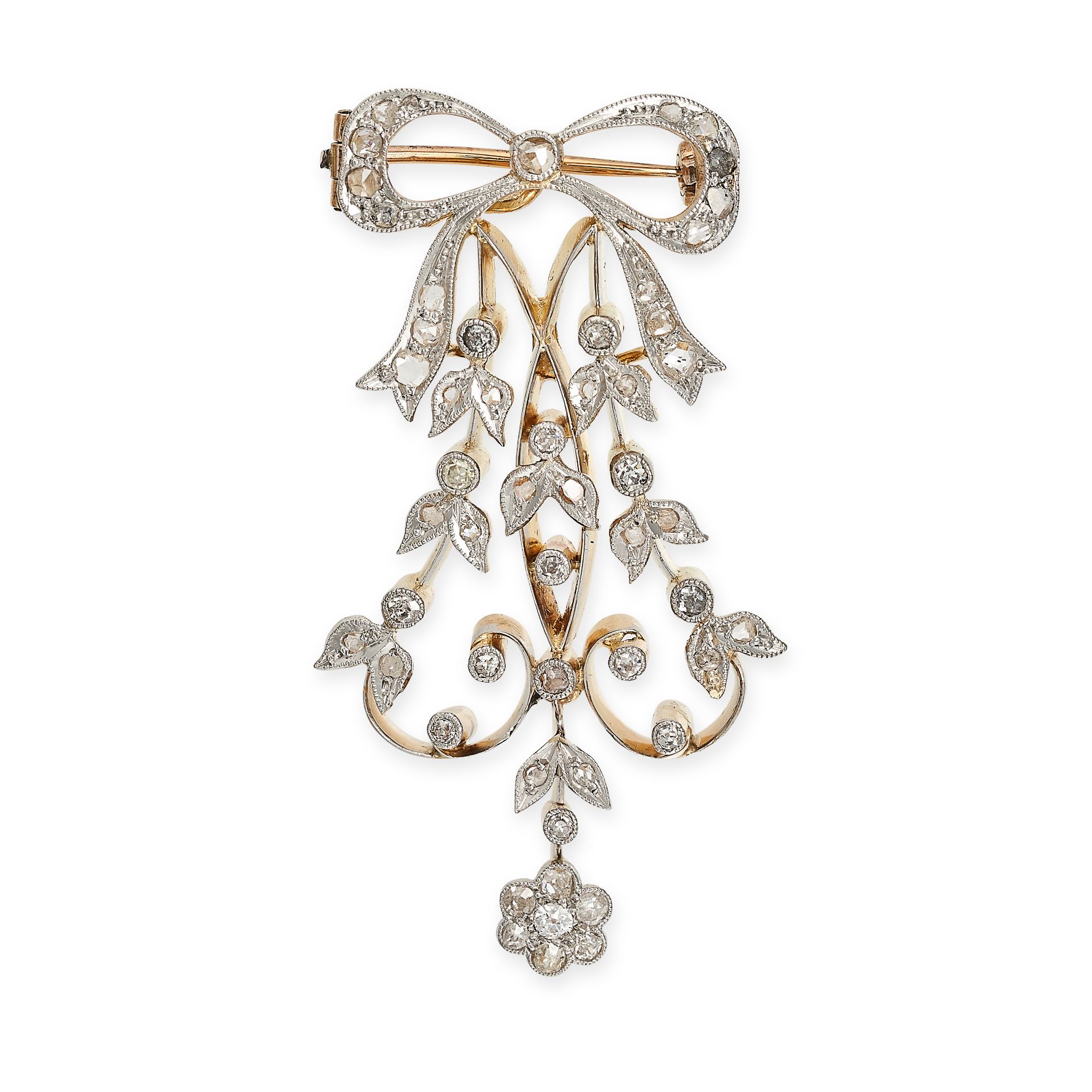 AN ANTIQUE DIAMOND BOW BROOCH, EARLY 20TH CENTURY in 18ct yellow gold and silver, designed as a b...