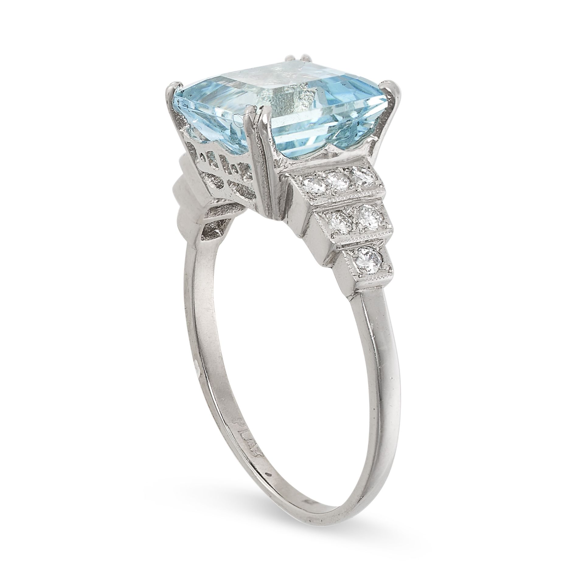 AN AQUAMARINE AND DIAMOND RING in platinum, set with a square step cut aquamarine of approximatel... - Image 2 of 2