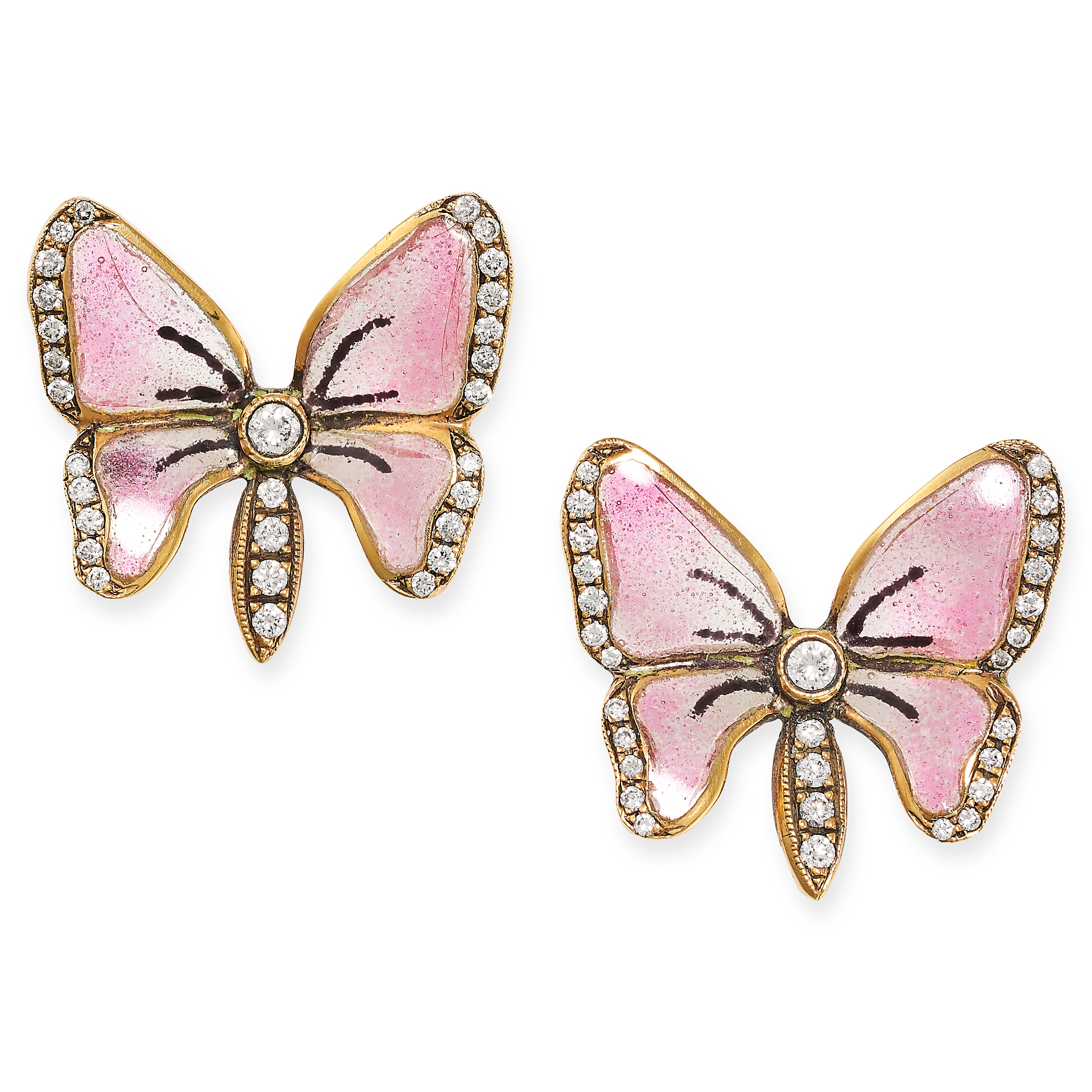 A PAIR OF PLIQUE A JOUR ENAMEL AND DIAMOND BUTTERFLY EARRINGS in 18ct yellow gold, each designed ...