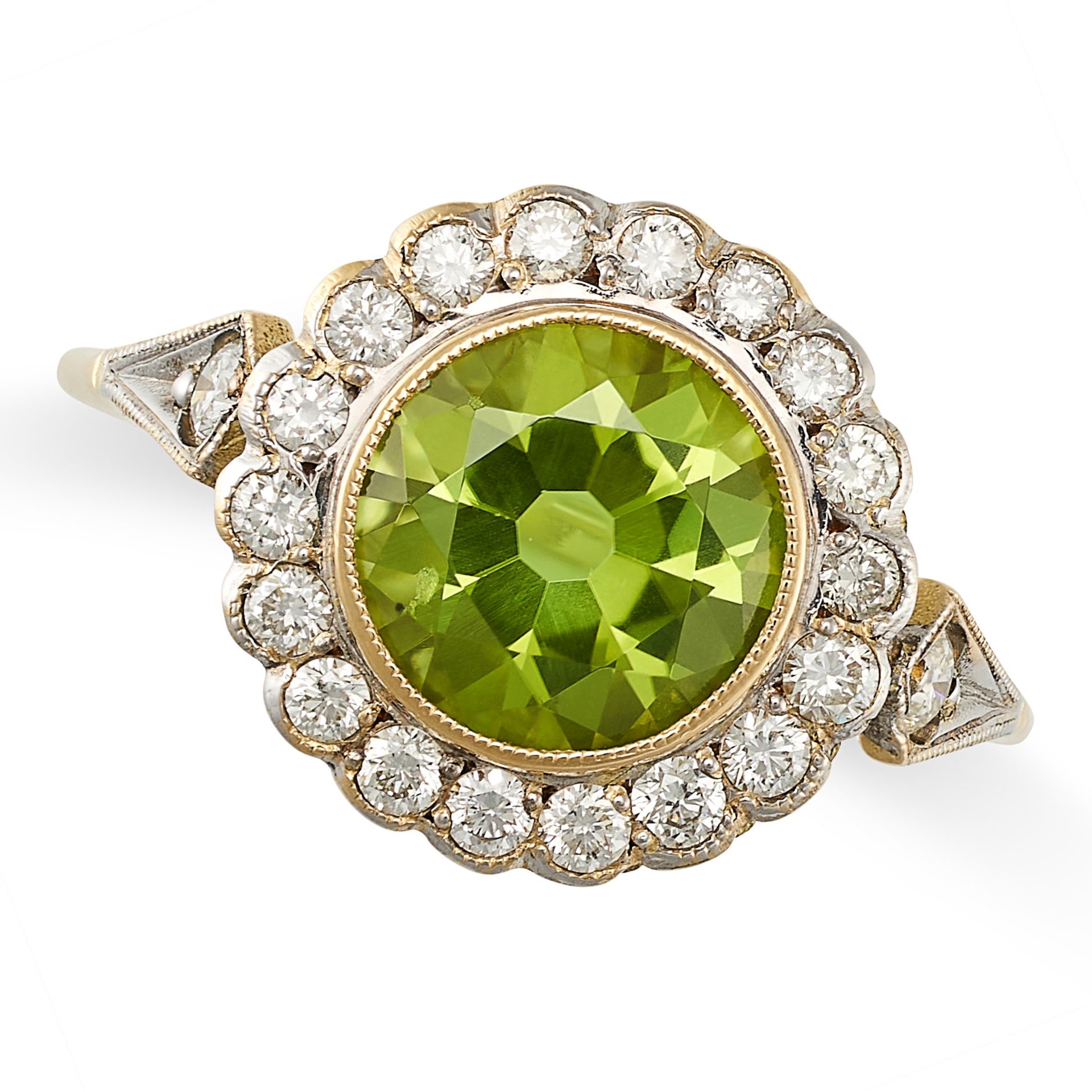 A PERIDOT AND DIAMOND CLUSTER RING in yellow gold, set with a round cut peridot in a cluster of r...