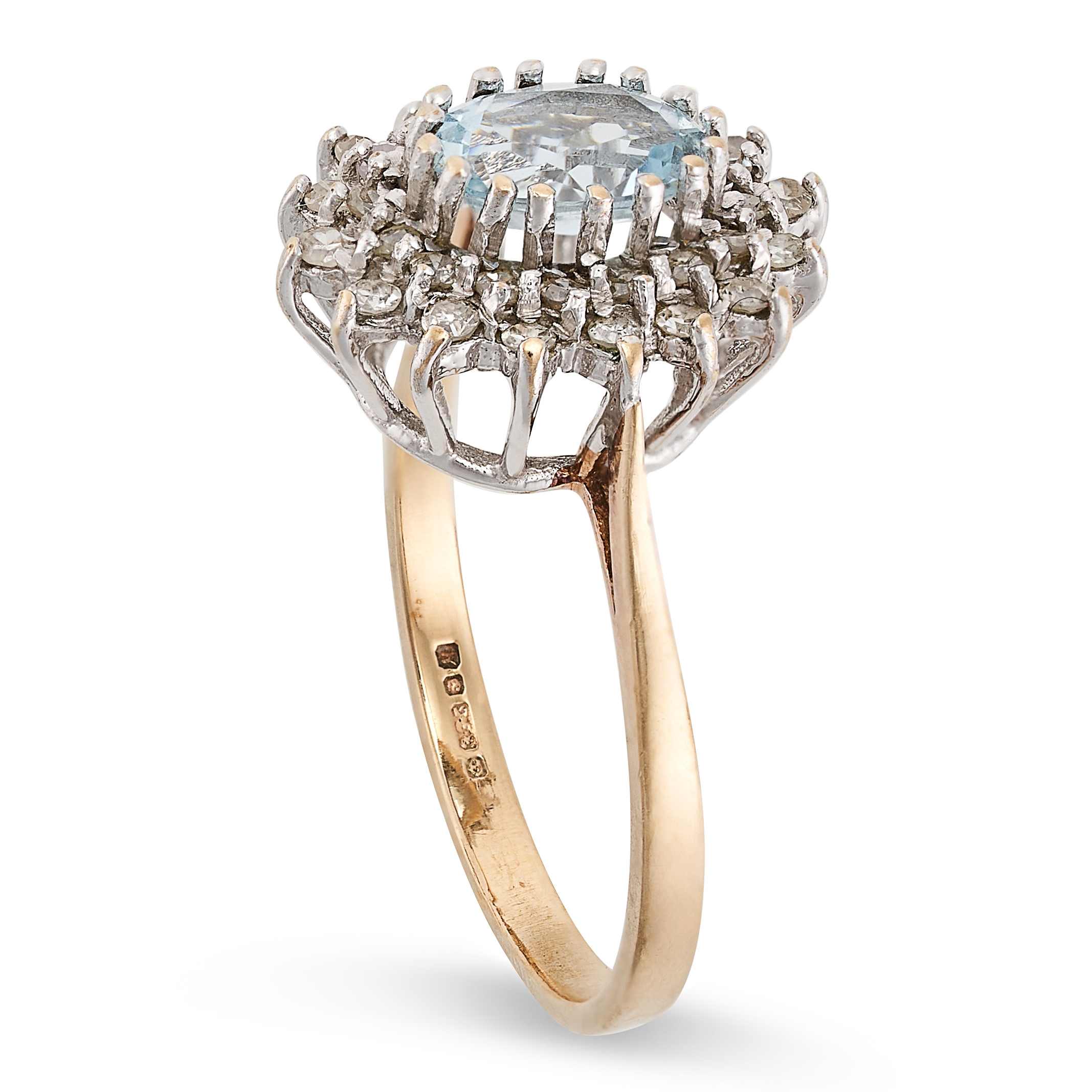 A VINTAGE  AQUAMARINE AND DIAMOND CLUSTER RING in 9ct yellow gold, set with an oval cut aquamarin... - Image 2 of 2