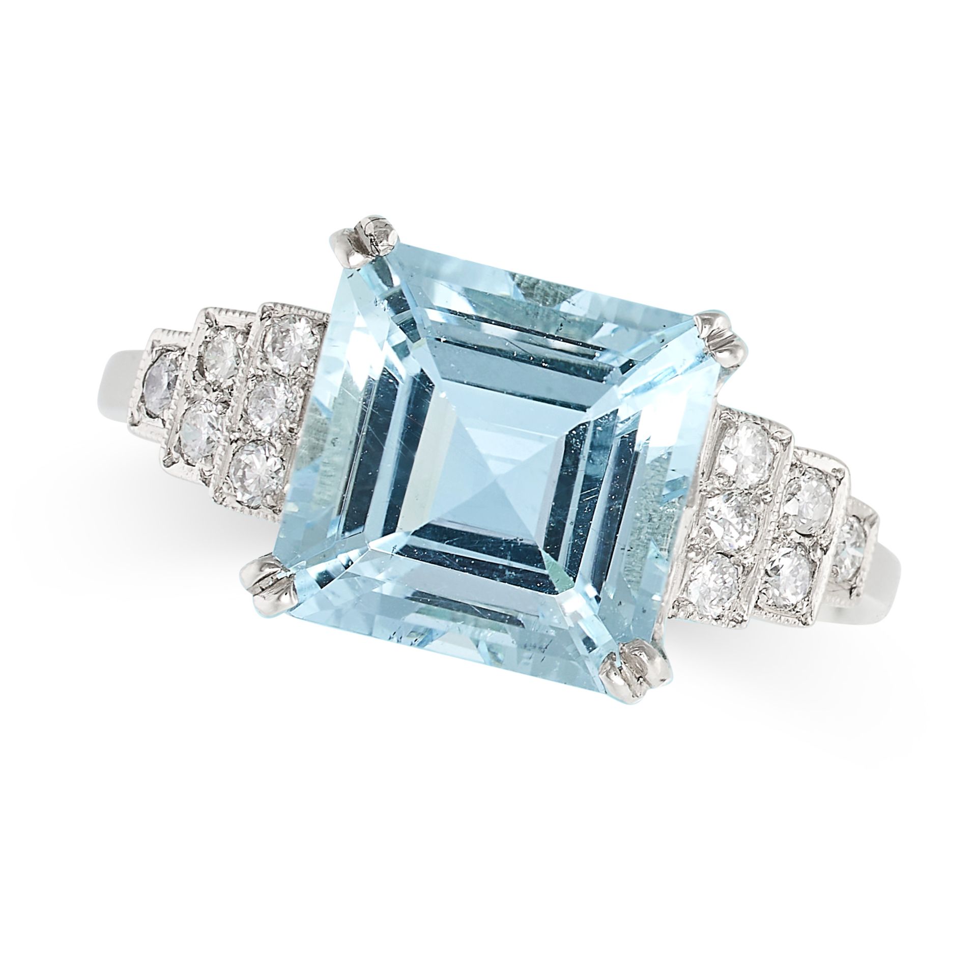 AN AQUAMARINE AND DIAMOND RING in platinum, set with a square step cut aquamarine of approximatel...