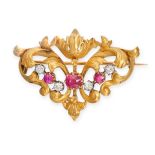 AN ART NOUVEAU RUBY AND DIAMOND BROOCH in 18ct yellow gold, in foliate design set with a row of a...