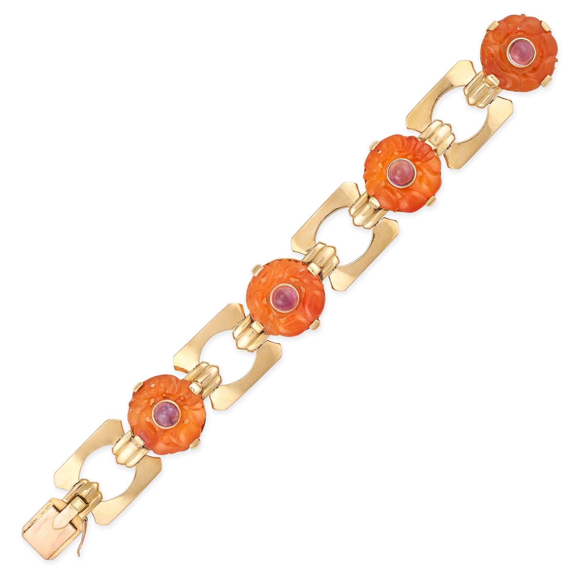 A VINTAGE CARNELIAN AND AMETHYST BRACELET in yellow gold, comprising four circular carved carneli...