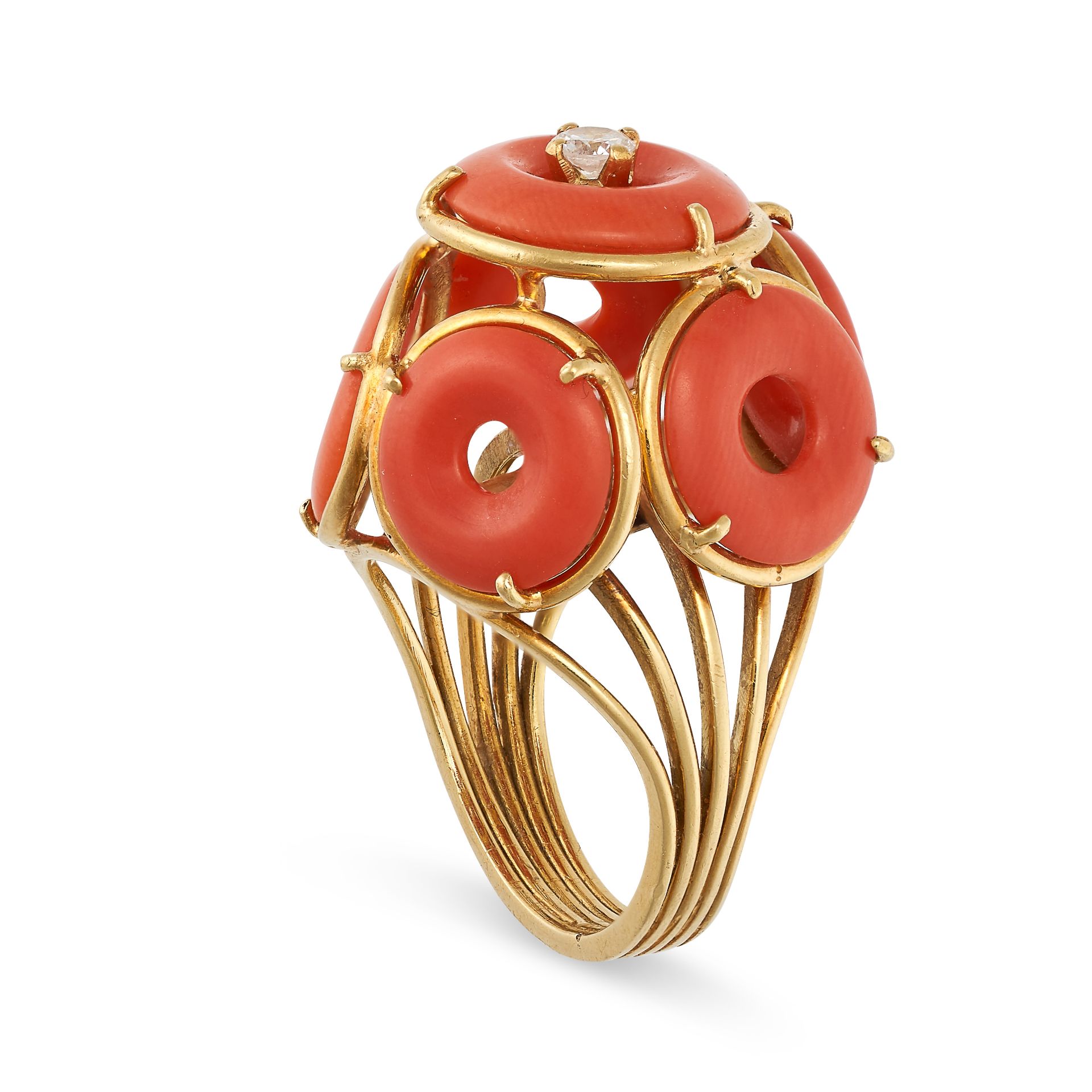 A VINTAGE CORAL AND DIAMOND RING in 18ct yellow gold, set with six polished coral discs, the cent... - Image 2 of 2
