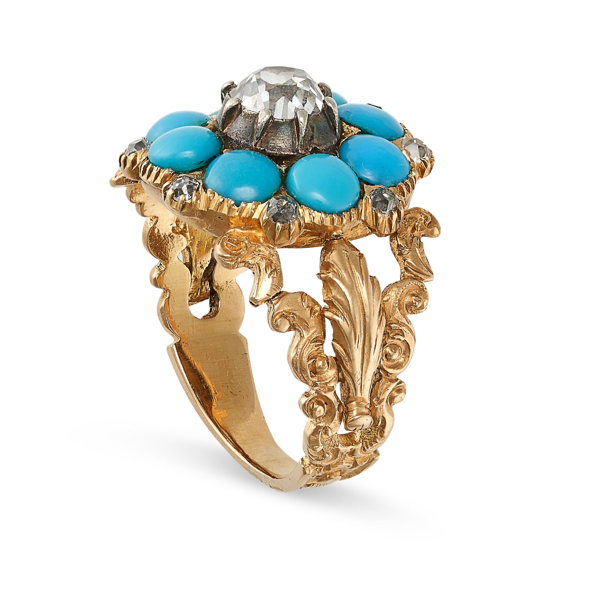 AN ANTIQUE TURQUOISE AND DIAMOND RING in yellow gold, set with an old cut diamond in a cluster of... - Image 2 of 2