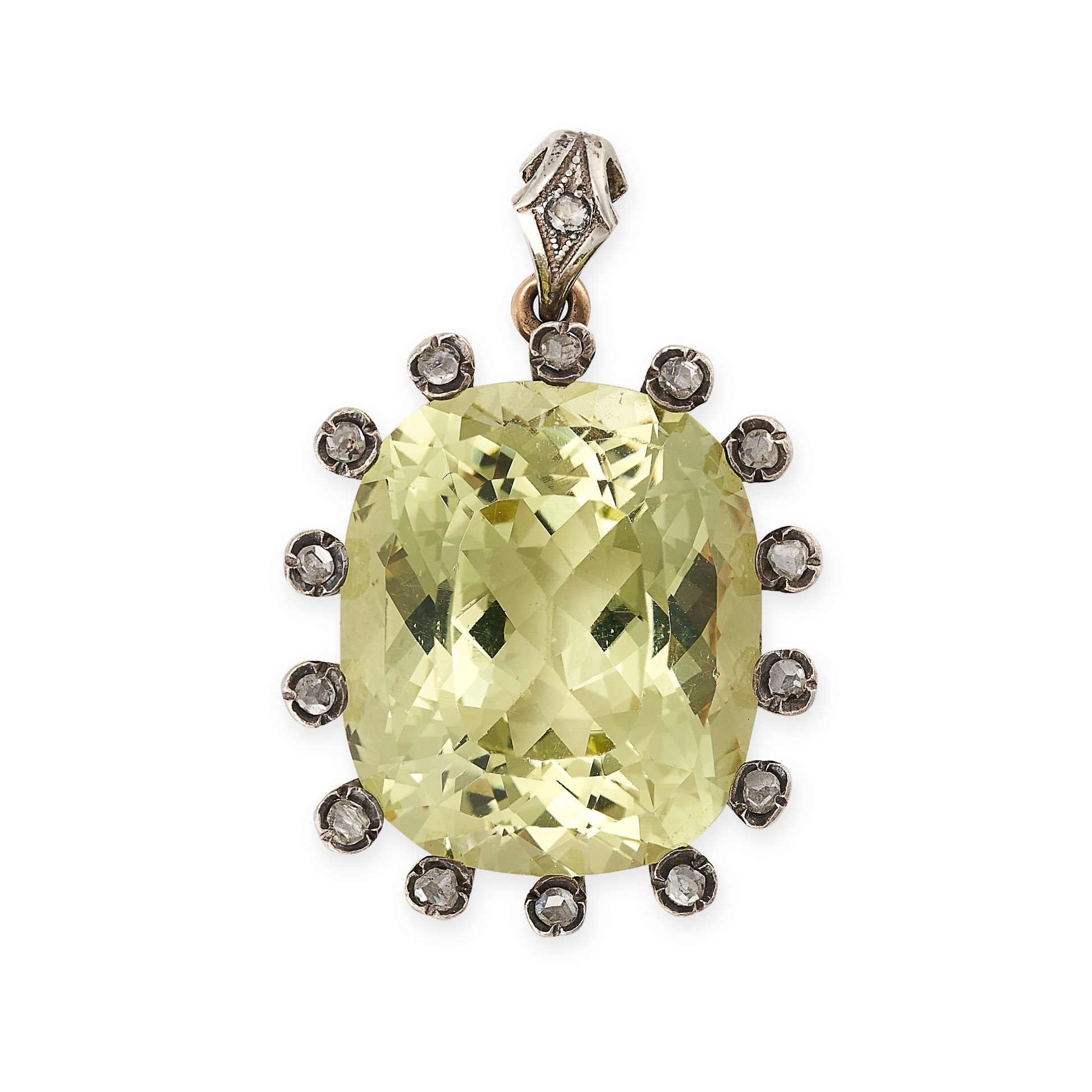 AN ANTIQUE GREEN BERYL AND DIAMOND PENDANT, CIRCA 1890 in yellow gold and silver, set with a cush...