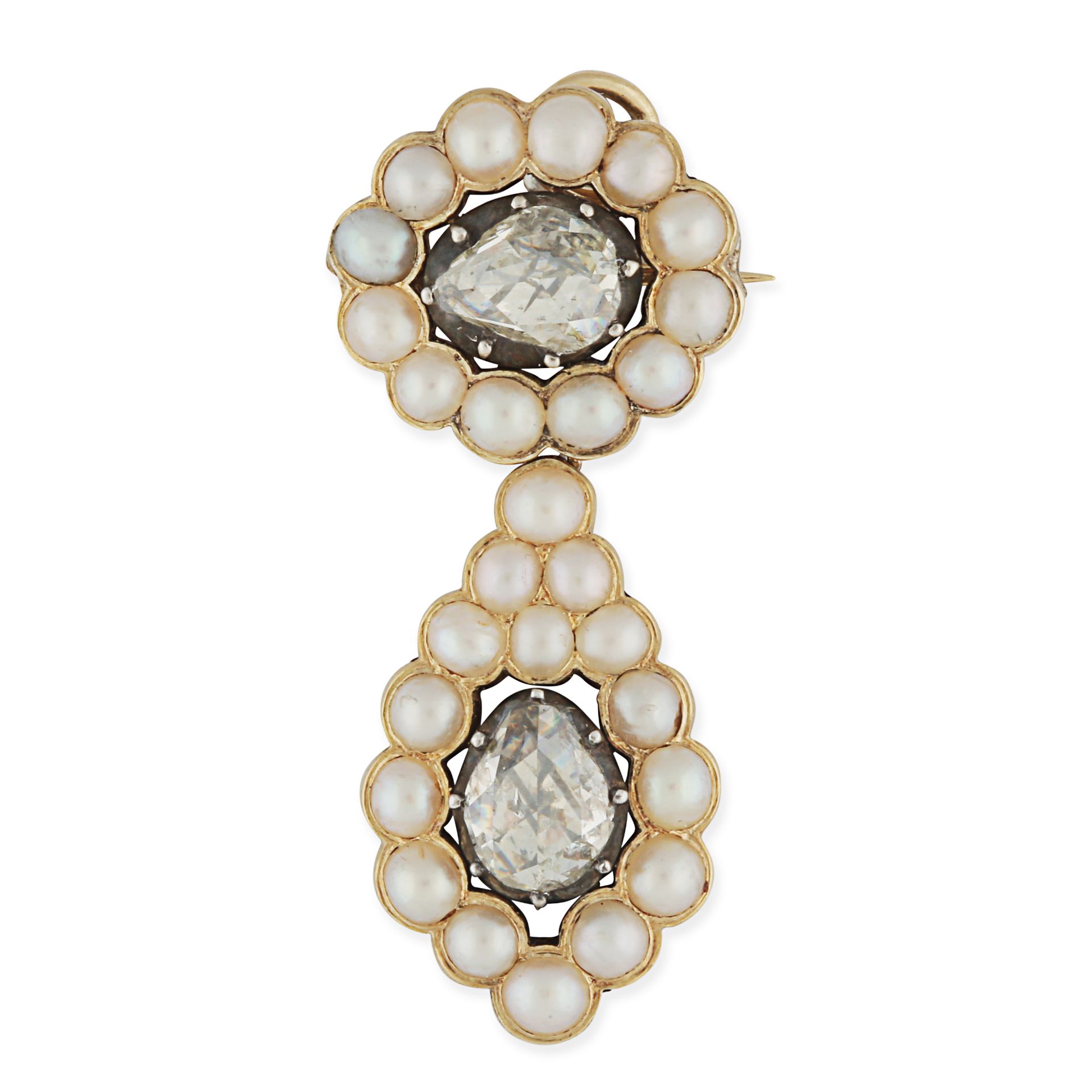 AN ANTIQUE PEARL AND DIAMOND BROOCH / PENDANT, 19TH CENTURY in yellow gold and silver, set with a...