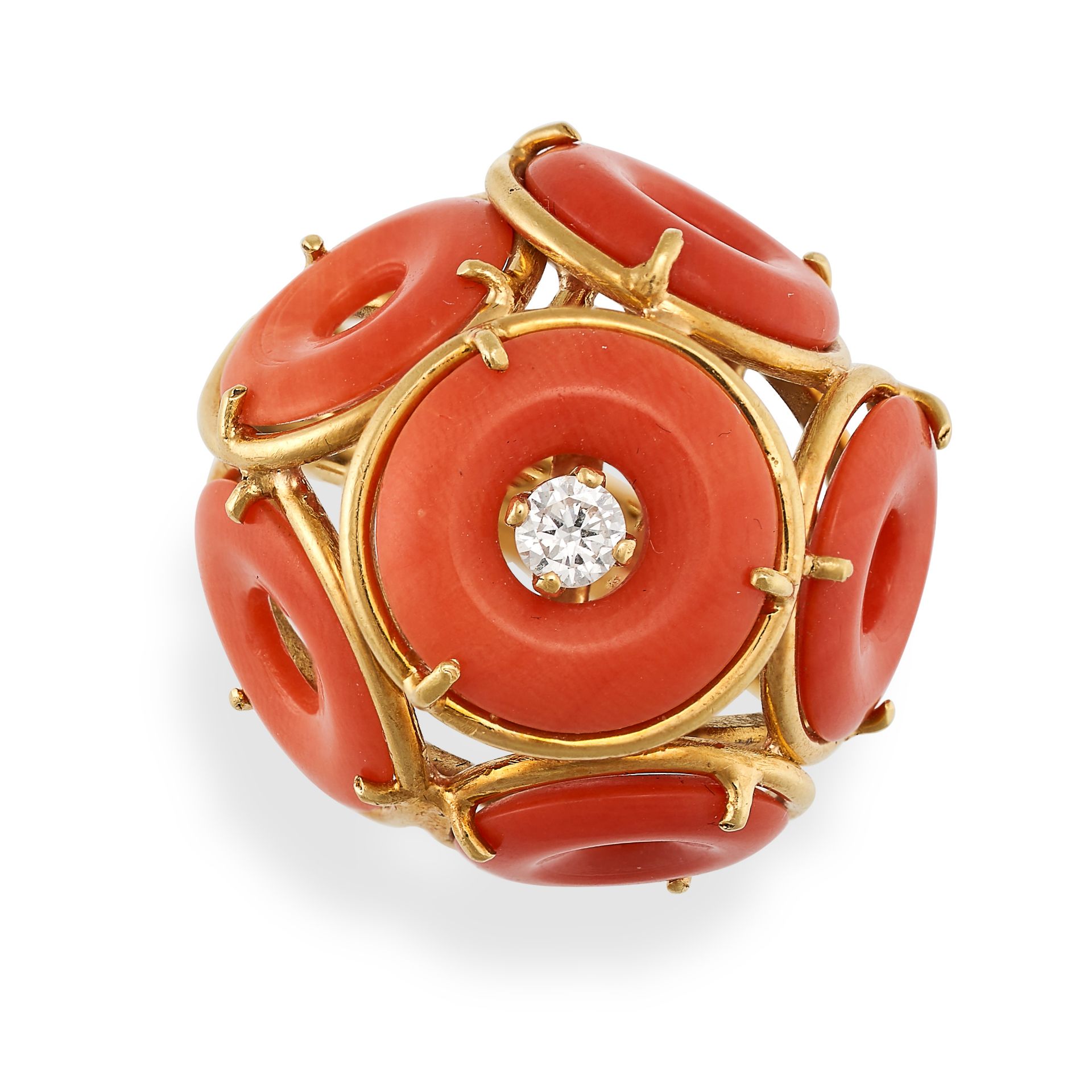 A VINTAGE CORAL AND DIAMOND RING in 18ct yellow gold, set with six polished coral discs, the cent...