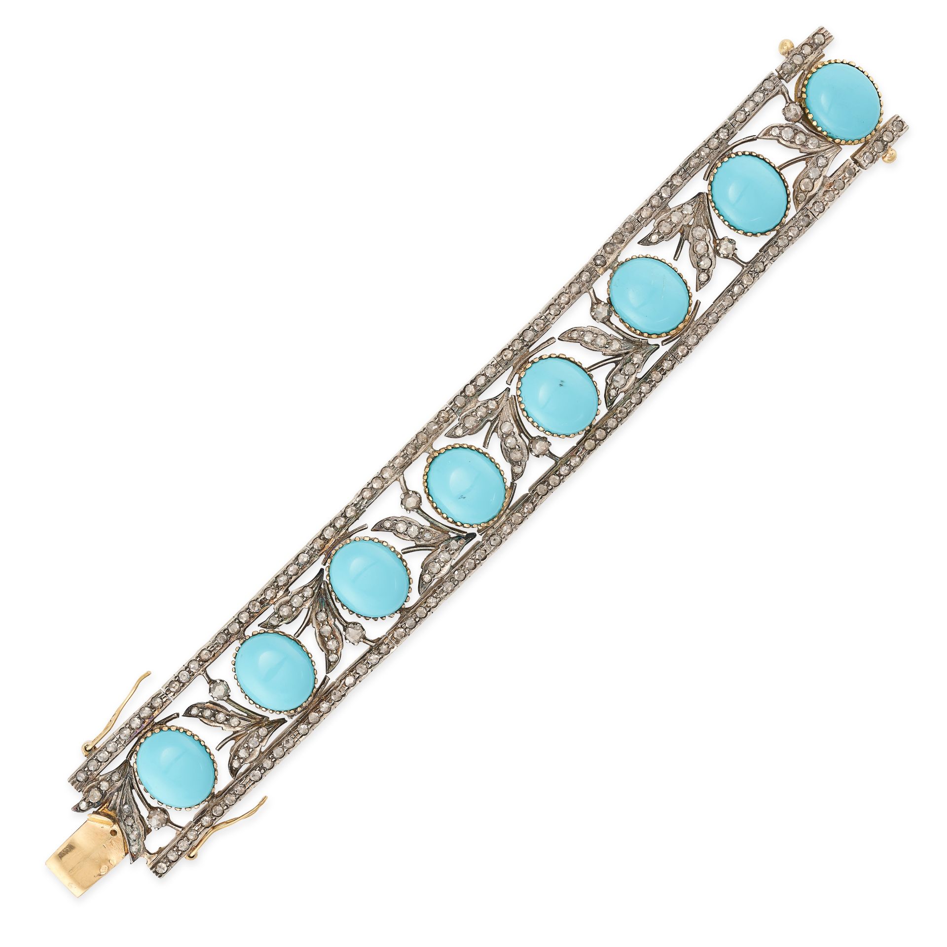 AN ANTIQUE TURQUOISE AND DIAMOND BRACELET in 18ct yellow gold and silver, set with eight oval cab...