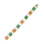 A CHINESE JADEITE JADE BRACELET in yellow gold, set with a row of alternating circular polished j...