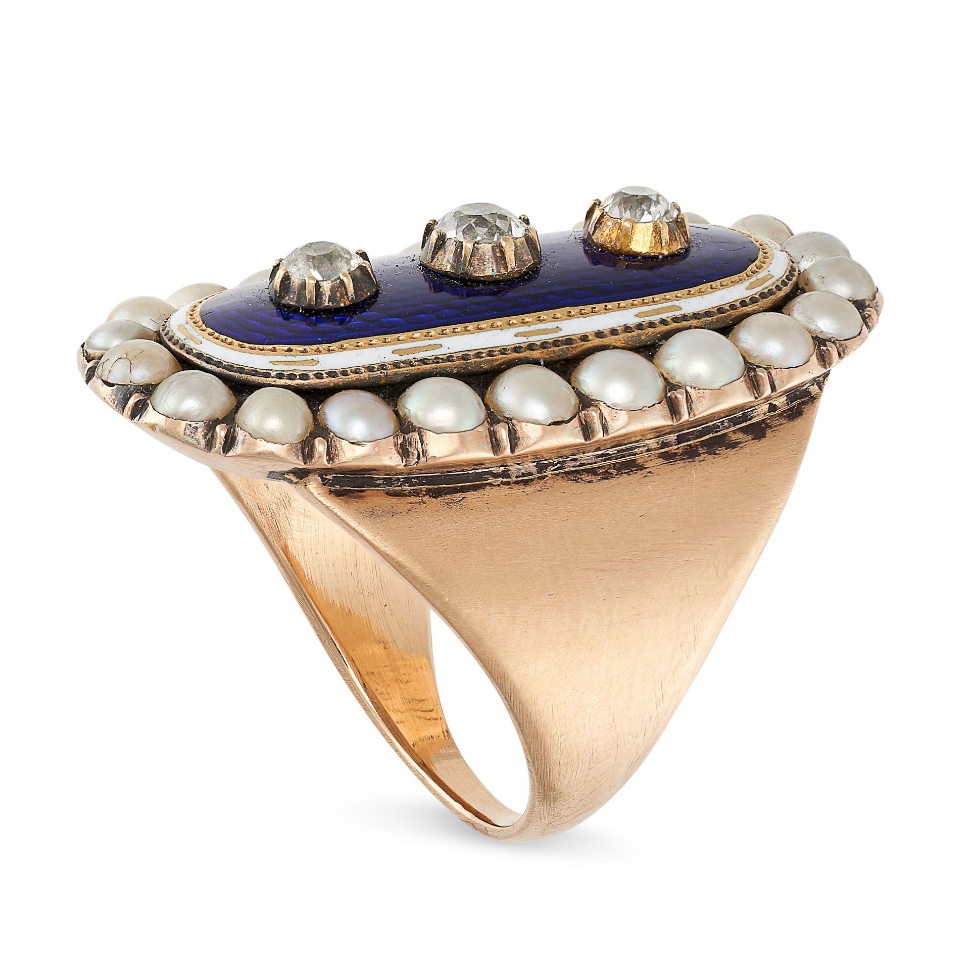 AN ANTIQUE DIAMOND, PEARL AND ENAMEL MOURNING RING, 18TH CENTURY AND LATER in yellow gold, the ov... - Image 2 of 3