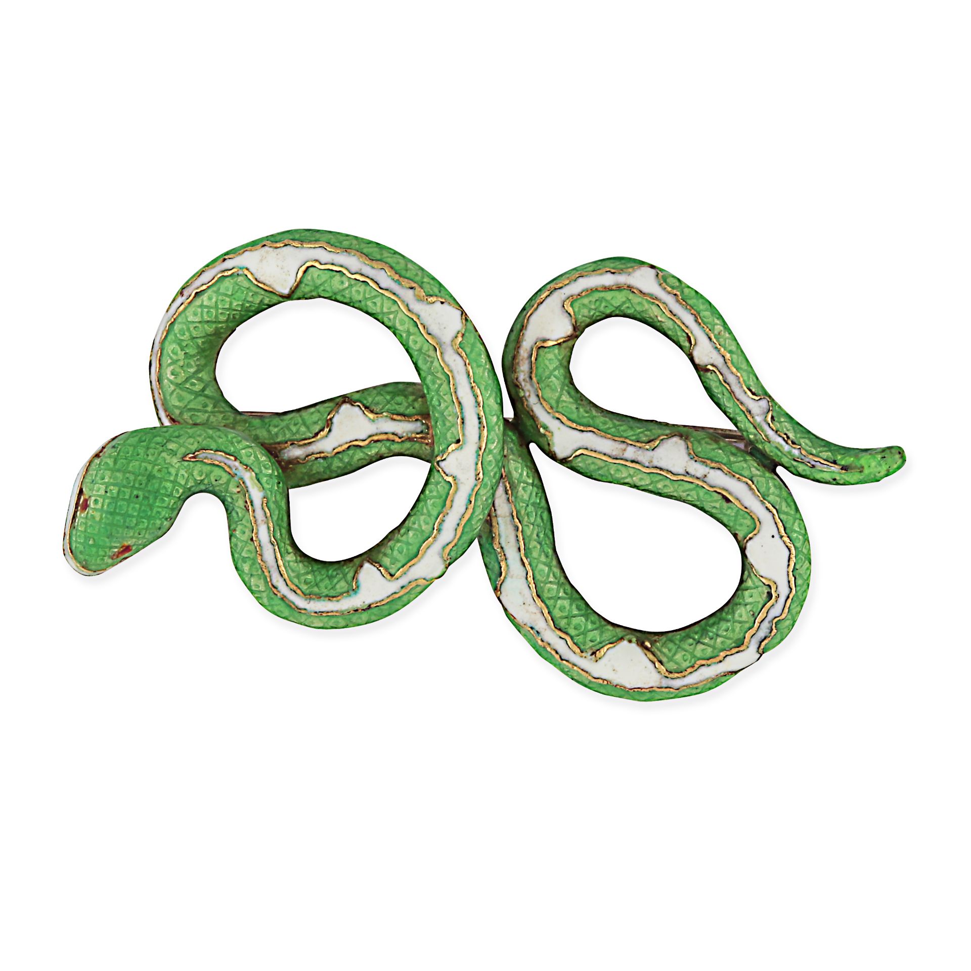 A VINTAGE ENAMEL SNAKE BROOCH in 18ct yellow gold, designed as a coiled snake decorated with gree...