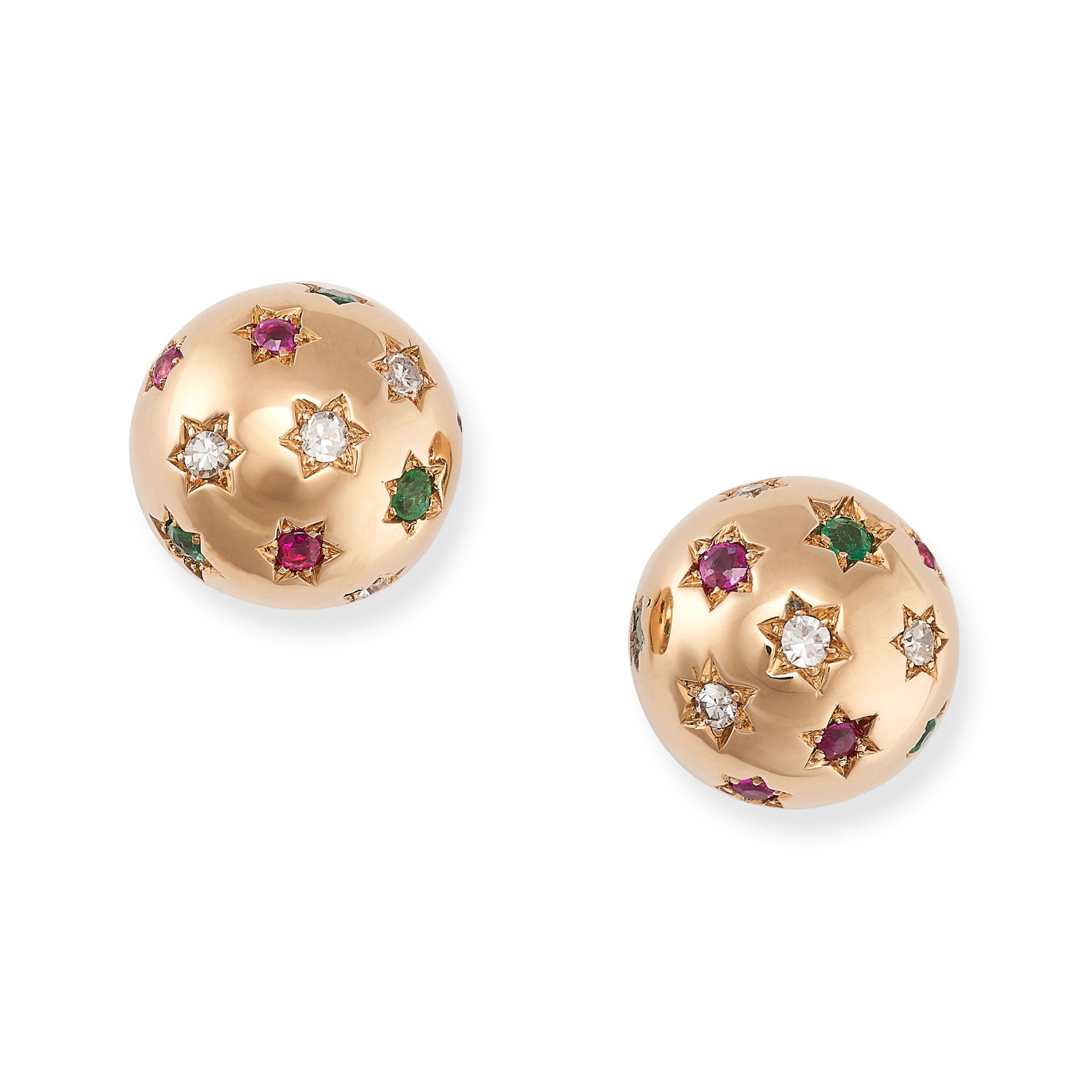 A PAIR OF VINTAGE RUBY, EMERALD AND DIAMOND EARRINGS in 18ct yellow gold, the domed faces set wit...
